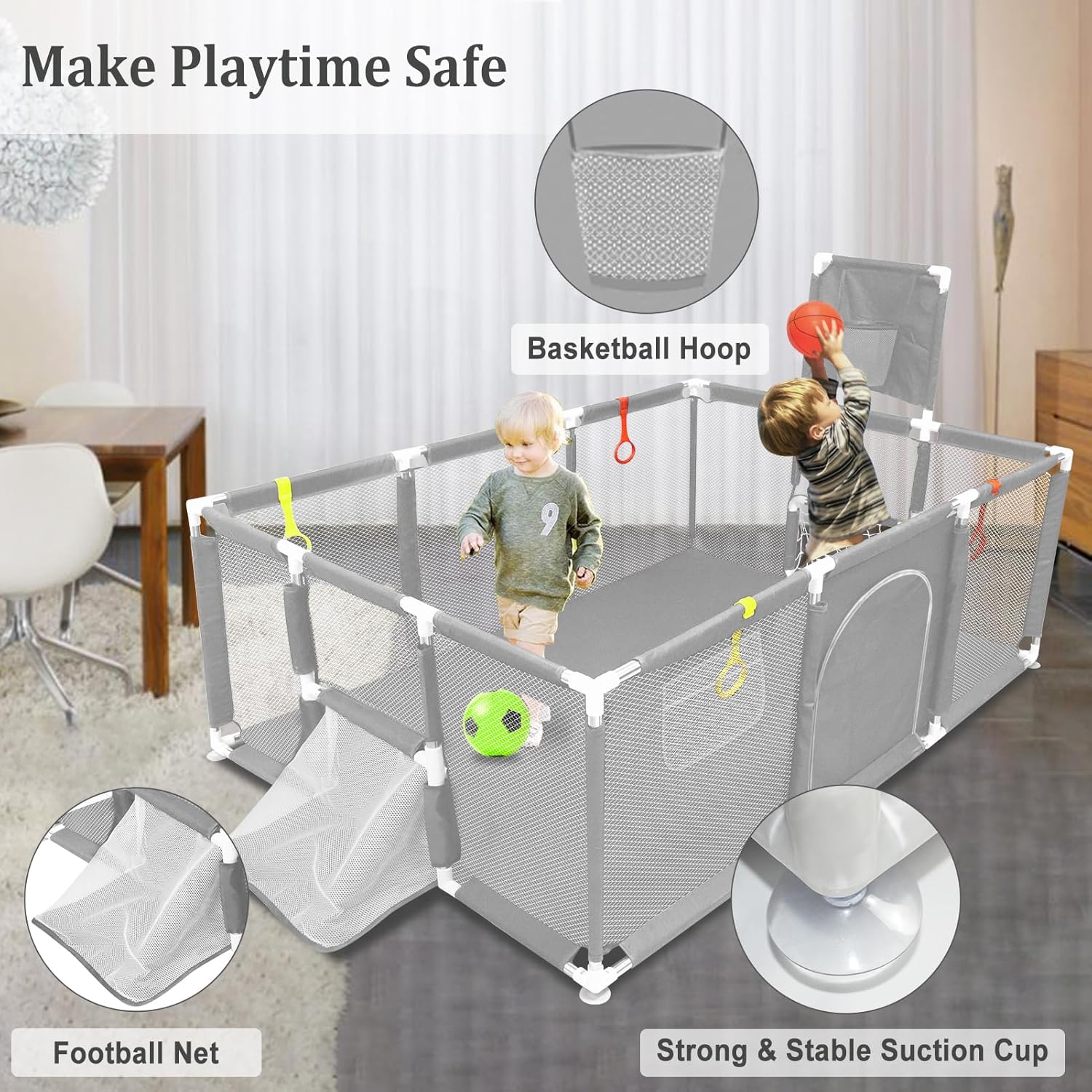 👉Price Reduction Notice👈 74×50 Large Playpen for Babies and Toddlers, Kids Playyard with Basketball Hoop & Football Nets, Comes with a Storage Carry Bag, Pull Up Rings, Sturdy Safety Play Pen w/Soft Breathable Mesh