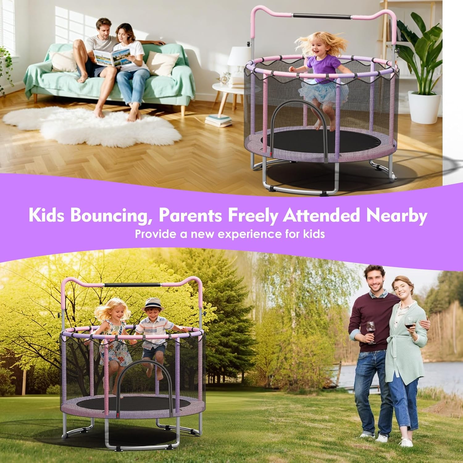 🔥【Year-end promotion】55/60 Trampoline for Kids, 4.5/5 FT Toddler Trampoline with Enclosur Net, Basketball Hoop & Sandbag, 440 LBS Capacity, Adjustable Height，Gifts for Ages 3-12 Boys & Girls