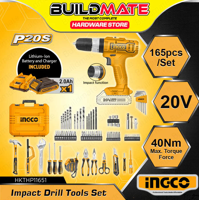 🔥【Last day clearance sale】BUILDMATE Ingco 165pcs Household Tools Set Lithium-Ion Impact Drill with Hand Tool Kit Combo Home Repair Tool Set HKTHP11651 - ICPT