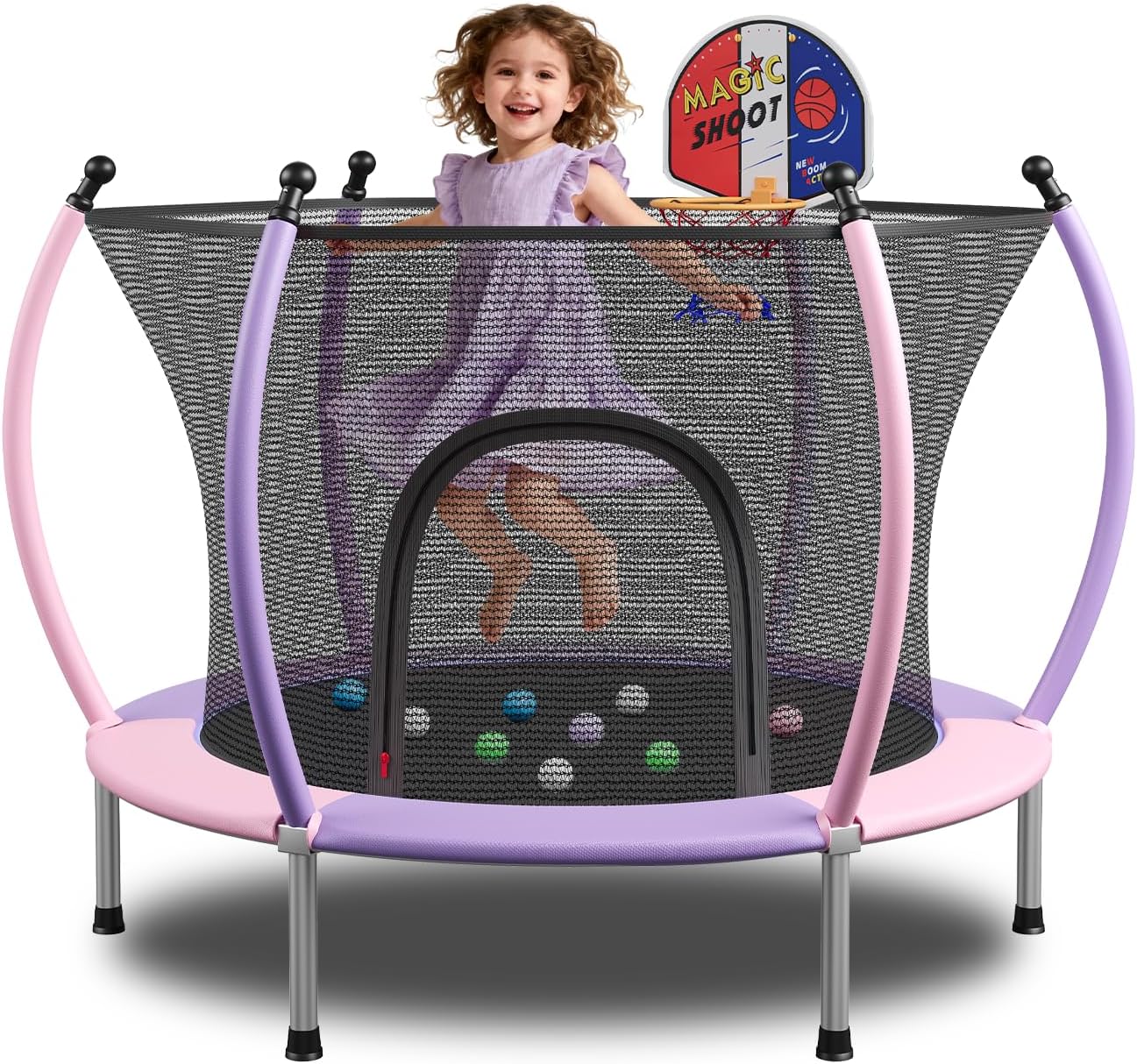 🔥【Year-end promotion】55/60 Trampoline for Kids, 4.5/5 FT Toddler Trampoline with Enclosur Net, Basketball Hoop & Sandbag, 440 LBS Capacity, Adjustable Height，Gifts for Ages 3-12 Boys & Girls