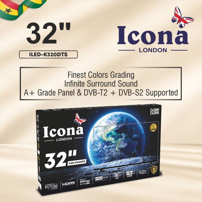 Icona London ILED-320DTS 32” Edgeless Digital Satellite LED TV With A+ Panel - HDMI/USB - DVB-T2/S2 - Black (1YR WRTY)