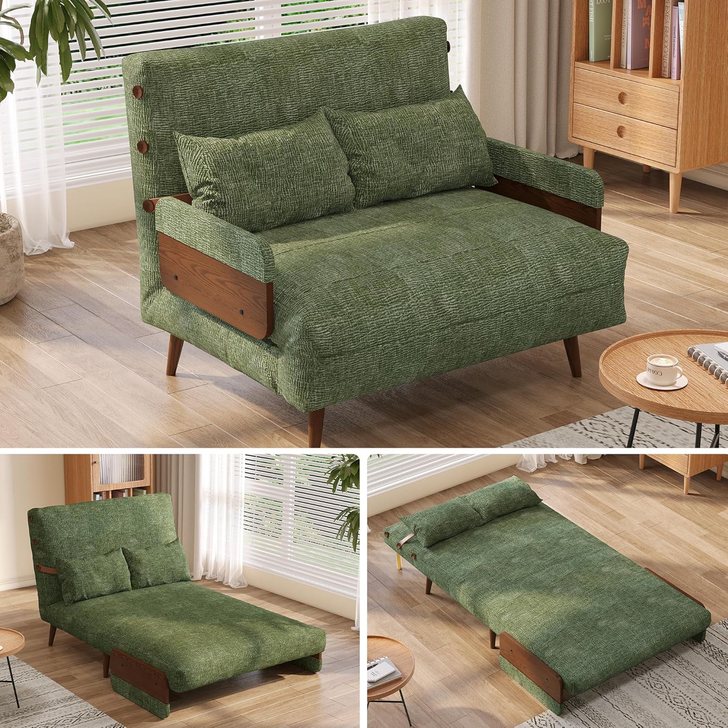 💢 JASIWAY Convertible Sleeper Chair Bed for Adults, 3 in 1 Linen Convertable Futon Chair with Pillow, Fold Out Single Sleeper Couch Guest Bed for Small Spaces, Bedroom, Office, Mid-Century Green, 43.3" | 5 Adjust Position, Multifunctional, Sturdy Frame, Breathable material, Easy Assembly