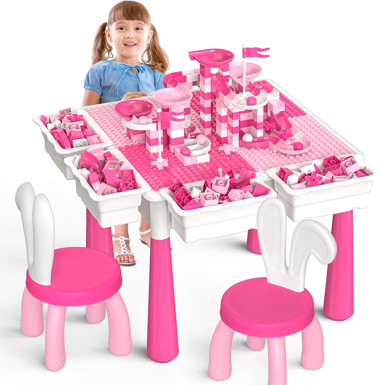 OCATO Kids Activity Table Toddlers Kids Table and Chair Set with 152Pcs Large Marble Run Building Blocks All in One Kid Play Water Tables Sand Tables, STEM Toys for Boys Girls 3 4 5 6 Year Old
