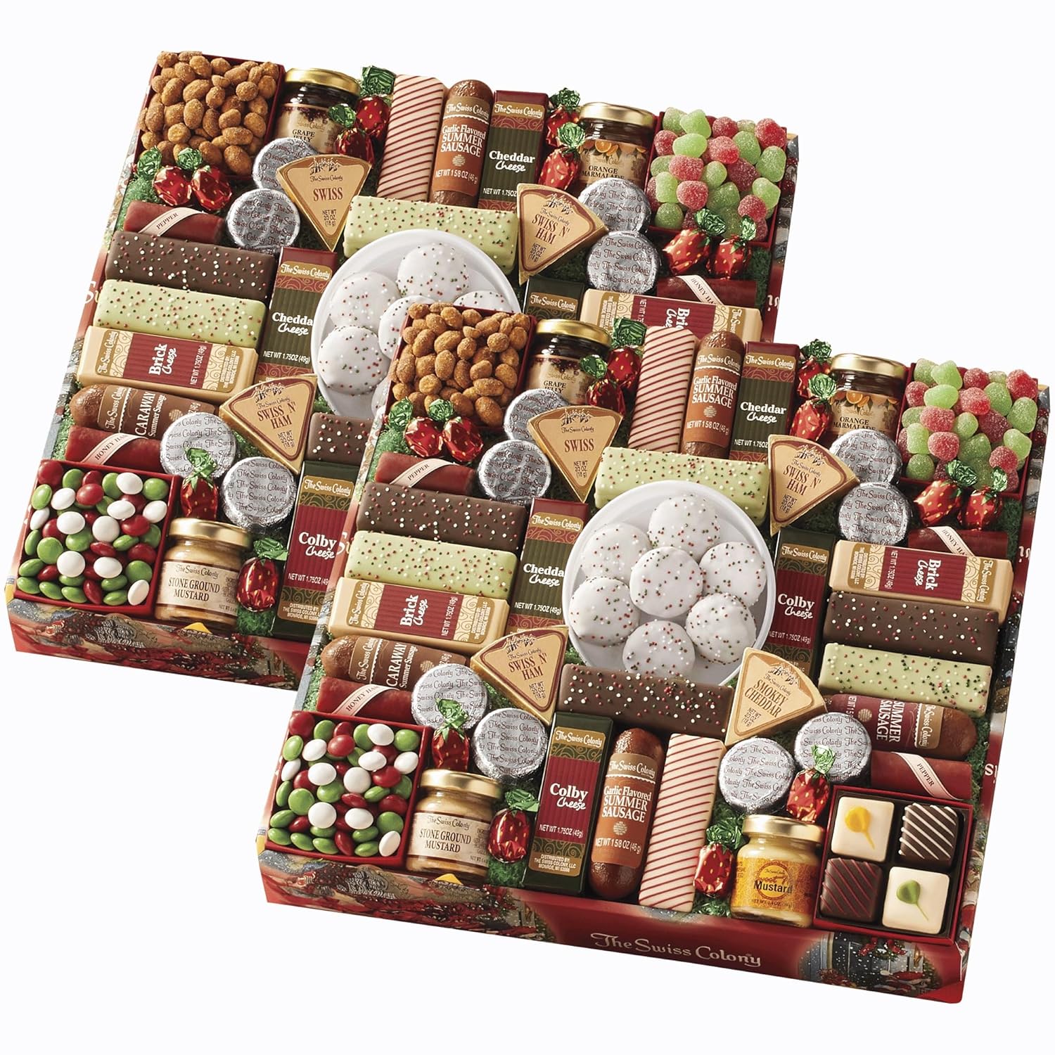 The Swiss Colony 43 Season Pleasers - Assorted Summer Sausage Meats, Cheese Bricks & Wedges, Spreadables, Candies & Chocolate Treats with Merry Christmas Petits Fours Gourmet Mini Layer Cakes