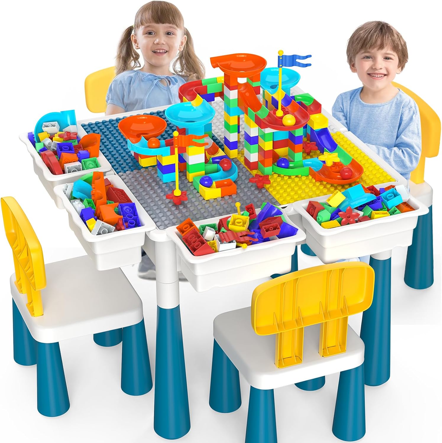 OCATO Kids Activity Table Toddlers Kids Table and Chair Set with 152Pcs Large Marble Run Building Blocks All in One Kid Play Water Tables Sand Tables, STEM Toys for Boys Girls 3 4 5 6 Year Old