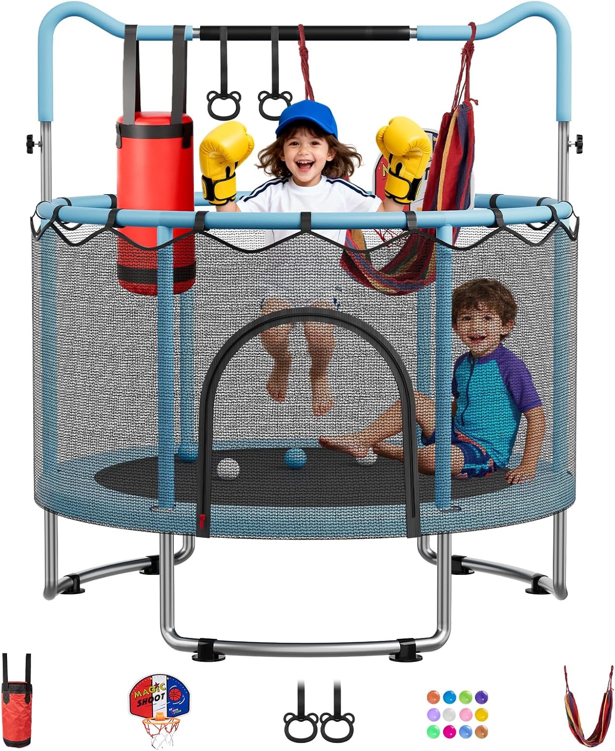 🔥【Year-end promotion】55/60 Trampoline for Kids, 4.5/5 FT Toddler Trampoline with Enclosur Net, Basketball Hoop & Sandbag, 440 LBS Capacity, Adjustable Height，Gifts for Ages 3-12 Boys & Girls