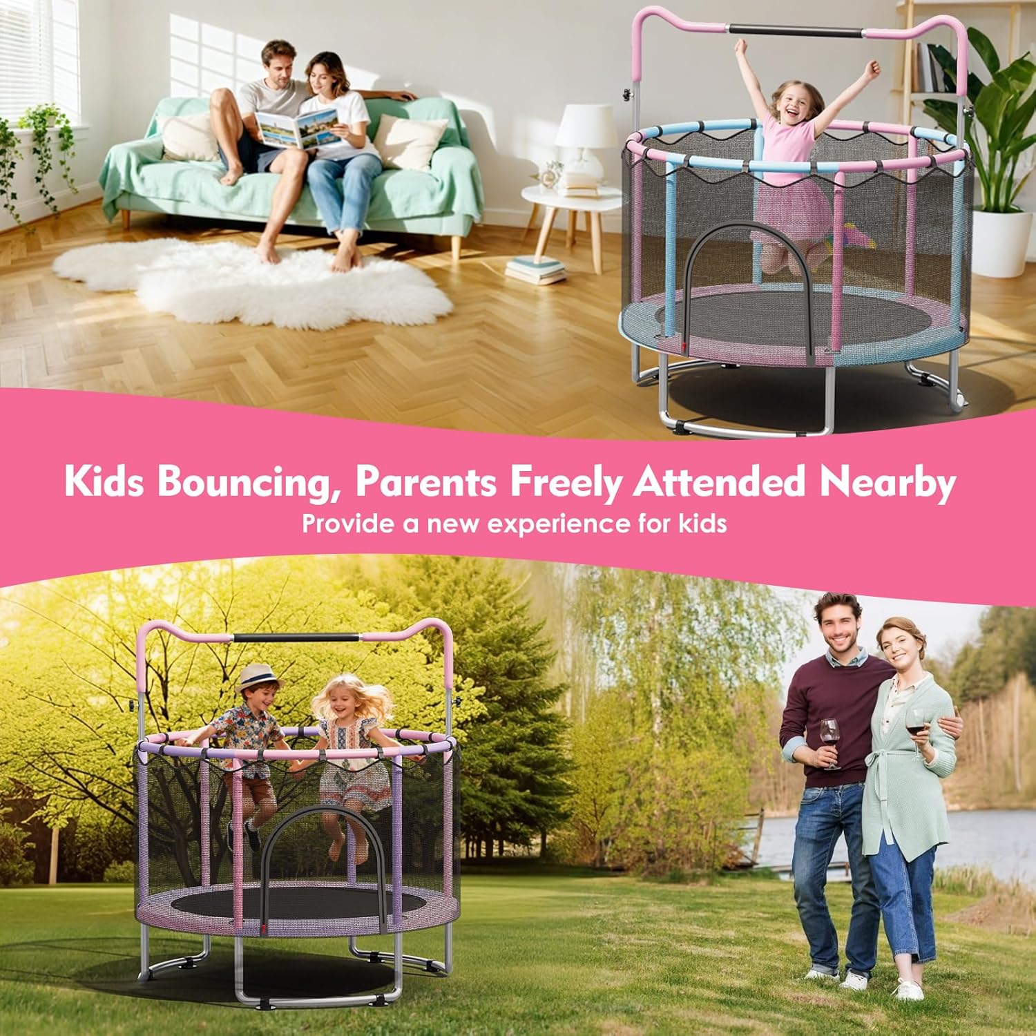 🔥【Year-end promotion】55/60 Trampoline for Kids, 4.5/5 FT Toddler Trampoline with Enclosur Net, Basketball Hoop & Sandbag, 440 LBS Capacity, Adjustable Height，Gifts for Ages 3-12 Boys & Girls