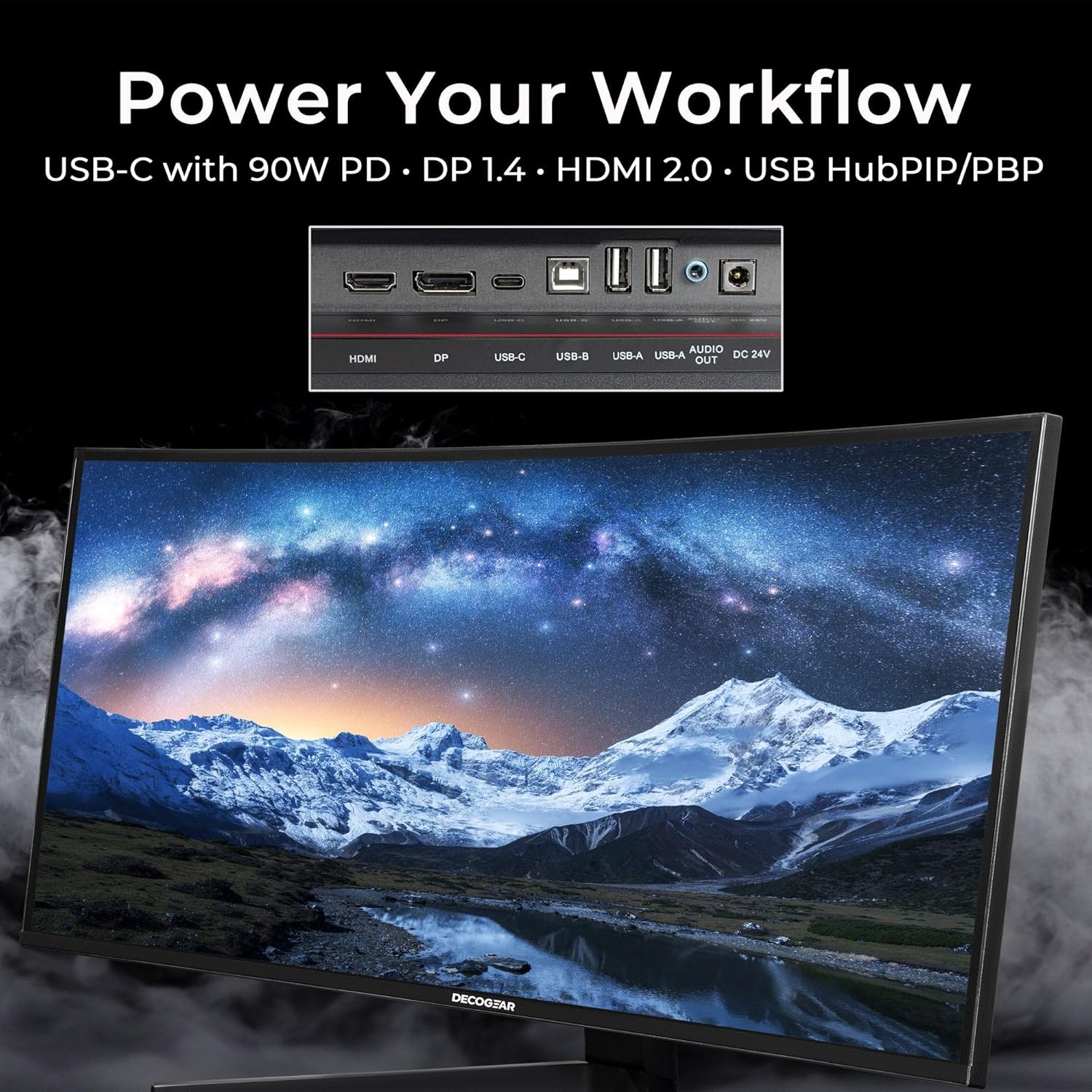 Deco Gear Curved 49” Super Ultrawide Gaming Monitor, 32:9 WDFHD 3840×1080, 144Hz, 4ms, 3000:1 VA, HDR400, Adaptive Sync, USB-C 65W, HDMI/DP, PBP/PIP, KVM, 1800R, American Seller
