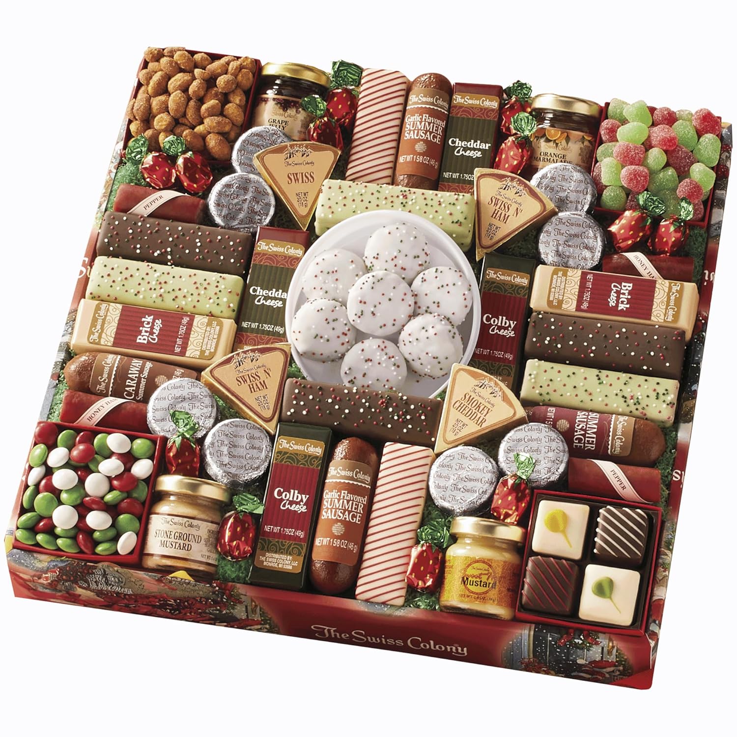 The Swiss Colony 43 Season Pleasers - Assorted Summer Sausage Meats, Cheese Bricks & Wedges, Spreadables, Candies & Chocolate Treats with Merry Christmas Petits Fours Gourmet Mini Layer Cakes