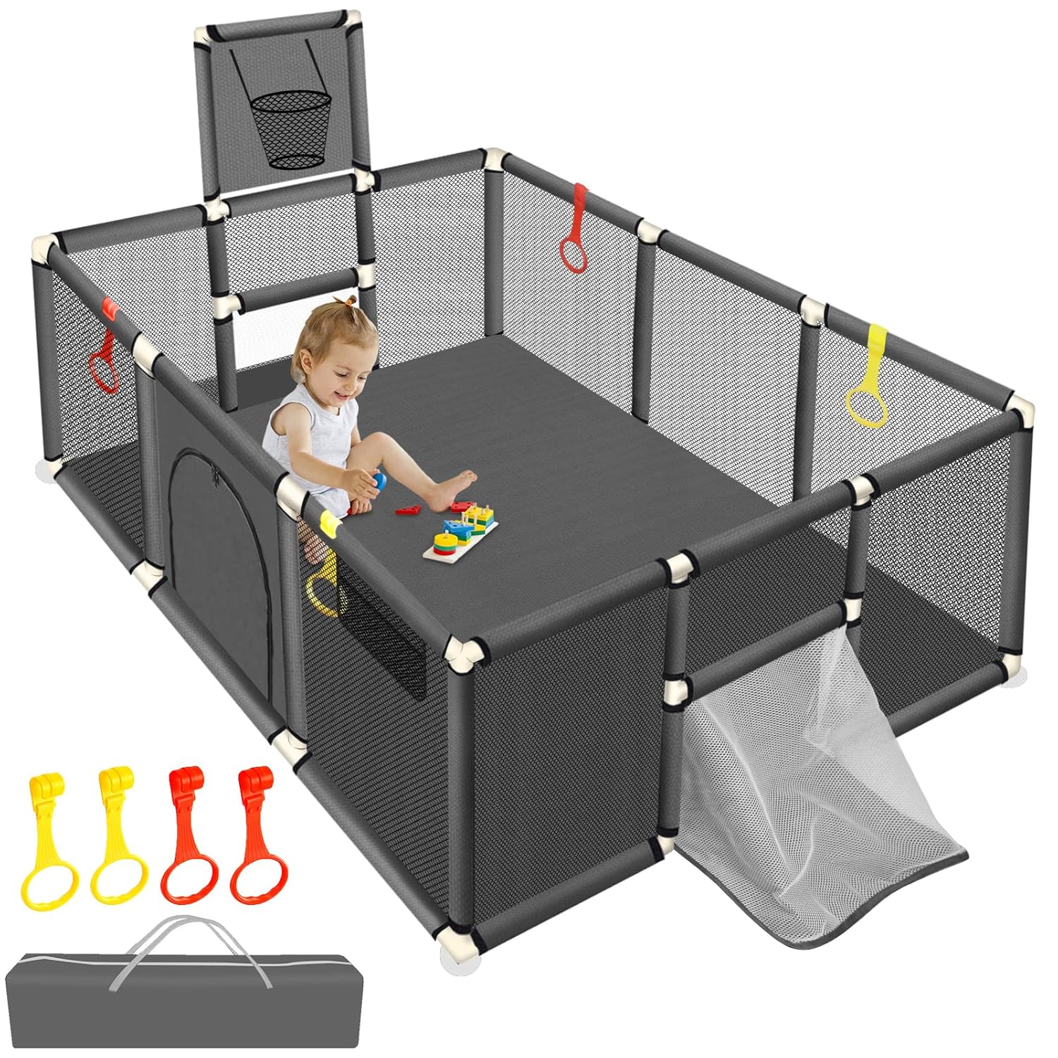 👉Price Reduction Notice👈 74×50 Large Playpen for Babies and Toddlers, Kids Playyard with Basketball Hoop & Football Nets, Comes with a Storage Carry Bag, Pull Up Rings, Sturdy Safety Play Pen w/Soft Breathable Mesh