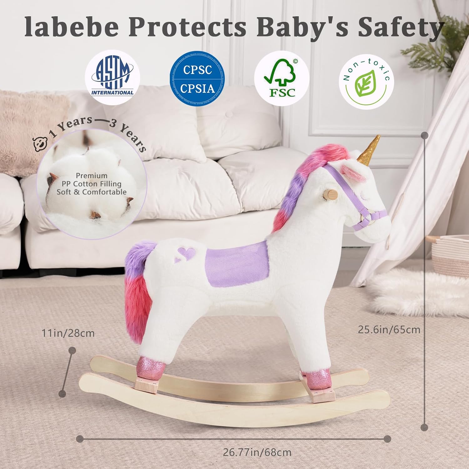 labebe - Baby Rocking Horse, Ride Unicorn, Kid Ride On Toy for 6 Month-3 Year Old, Infant (Boy Girl) Plush Animal Rocker, Toddler/Child Stuffed Ride Toy (Pink)