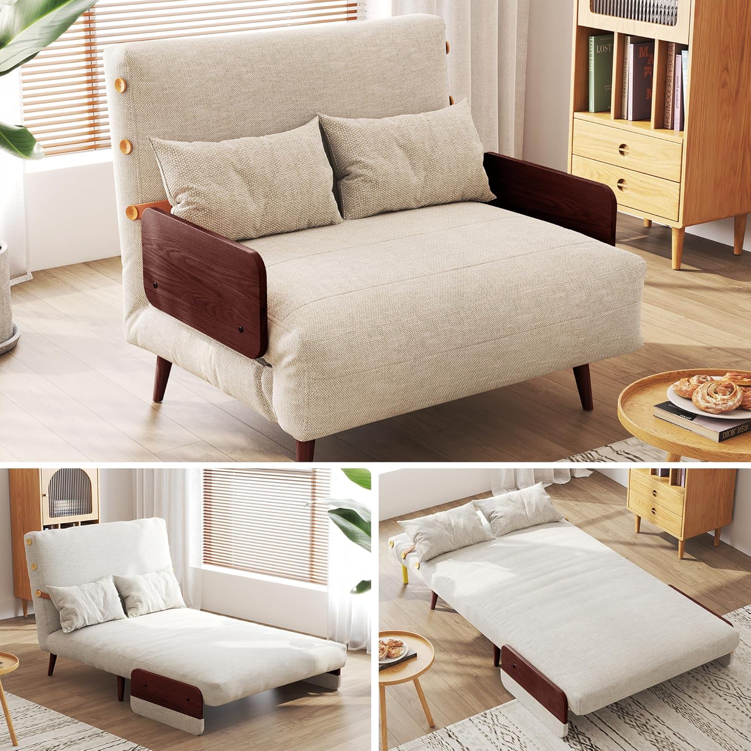 💢 JASIWAY Convertible Sleeper Chair Bed for Adults, 3 in 1 Linen Convertable Futon Chair with Pillow, Fold Out Single Sleeper Couch Guest Bed for Small Spaces, Bedroom, Office, Mid-Century Green, 43.3" | 5 Adjust Position, Multifunctional, Sturdy Frame, Breathable material, Easy Assembly