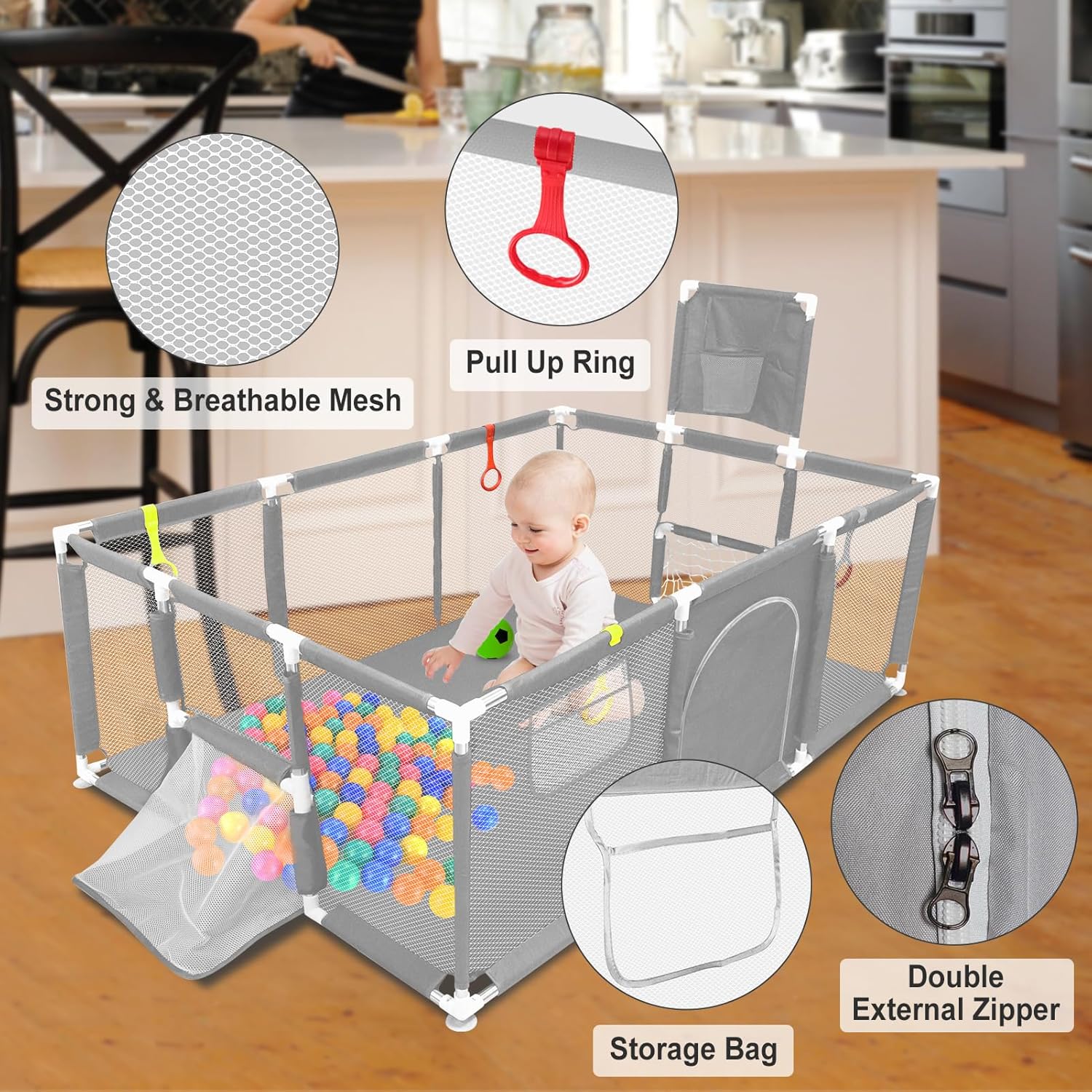 👉Price Reduction Notice👈 74×50 Large Playpen for Babies and Toddlers, Kids Playyard with Basketball Hoop & Football Nets, Comes with a Storage Carry Bag, Pull Up Rings, Sturdy Safety Play Pen w/Soft Breathable Mesh