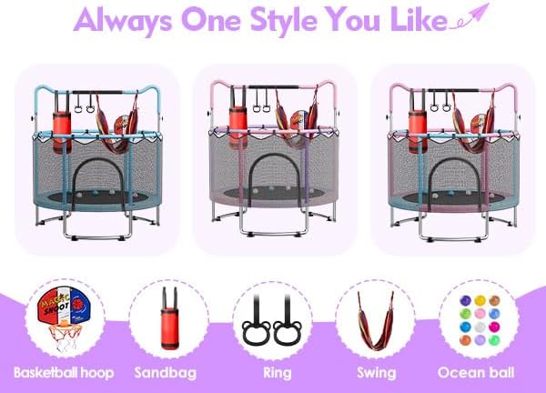 🔥【Year-end promotion】55/60 Trampoline for Kids, 4.5/5 FT Toddler Trampoline with Enclosur Net, Basketball Hoop & Sandbag, 440 LBS Capacity, Adjustable Height，Gifts for Ages 3-12 Boys & Girls