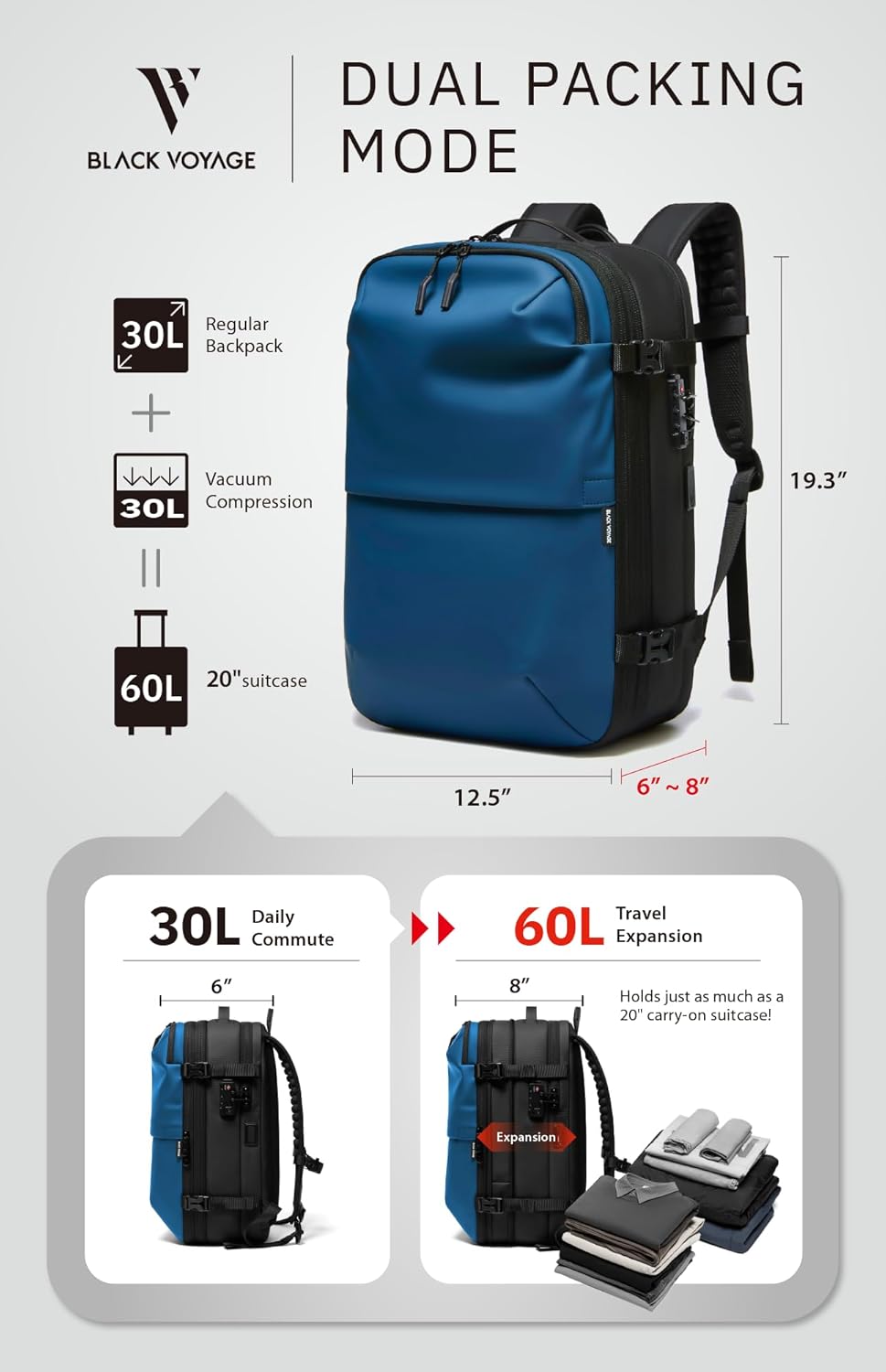 🌲🔥【Buy 1 Get 1 Free】Vortex Vacuum Seal Travel Backpack 60L Expandable Air Compression System Water Resistant TSA Lock Carry-On Suitcase Luggage Blue AERO - Vacuum Pump Included