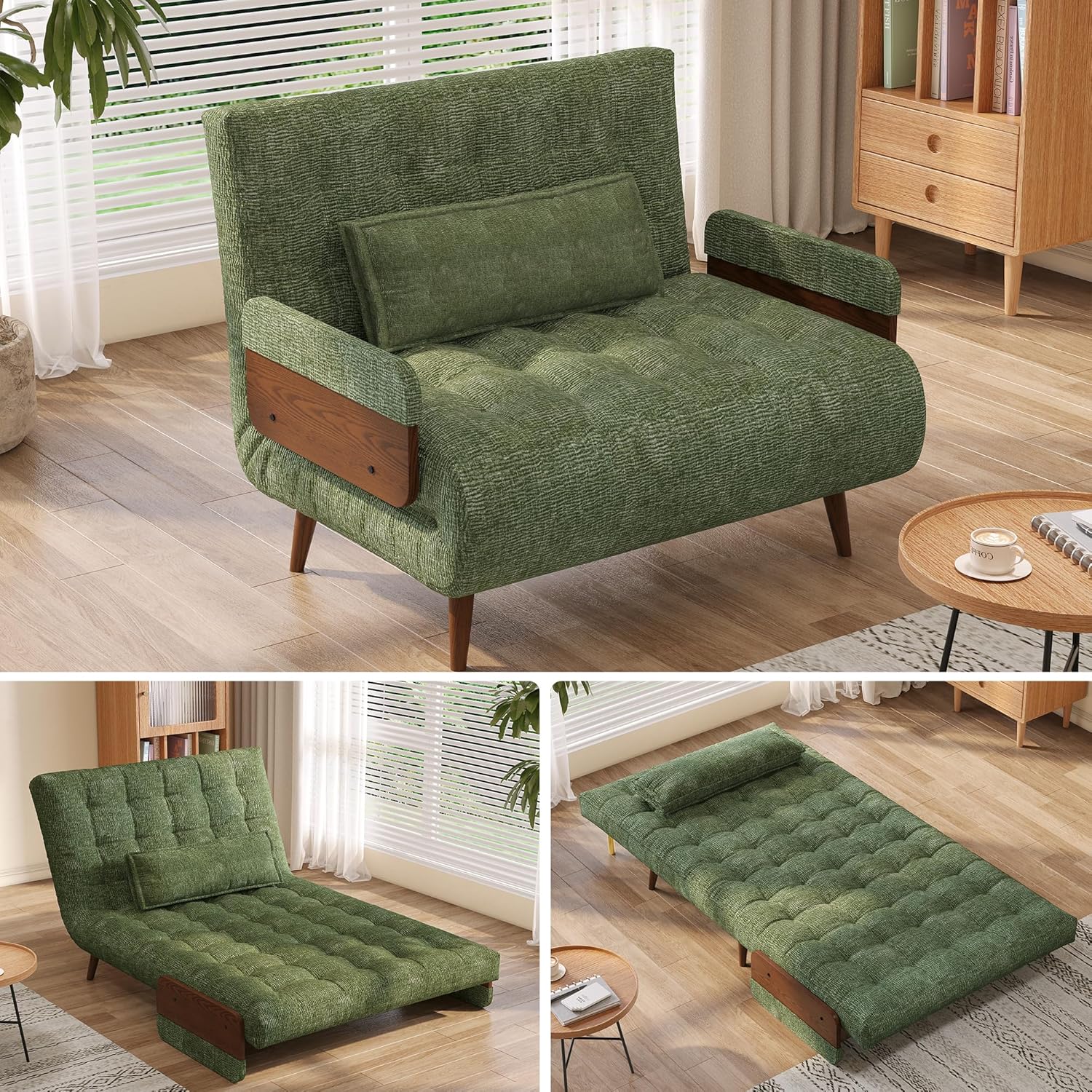 💢 JASIWAY Convertible Sleeper Chair Bed for Adults, 3 in 1 Linen Convertable Futon Chair with Pillow, Fold Out Single Sleeper Couch Guest Bed for Small Spaces, Bedroom, Office, Mid-Century Green, 43.3" | 5 Adjust Position, Multifunctional, Sturdy Frame, Breathable material, Easy Assembly