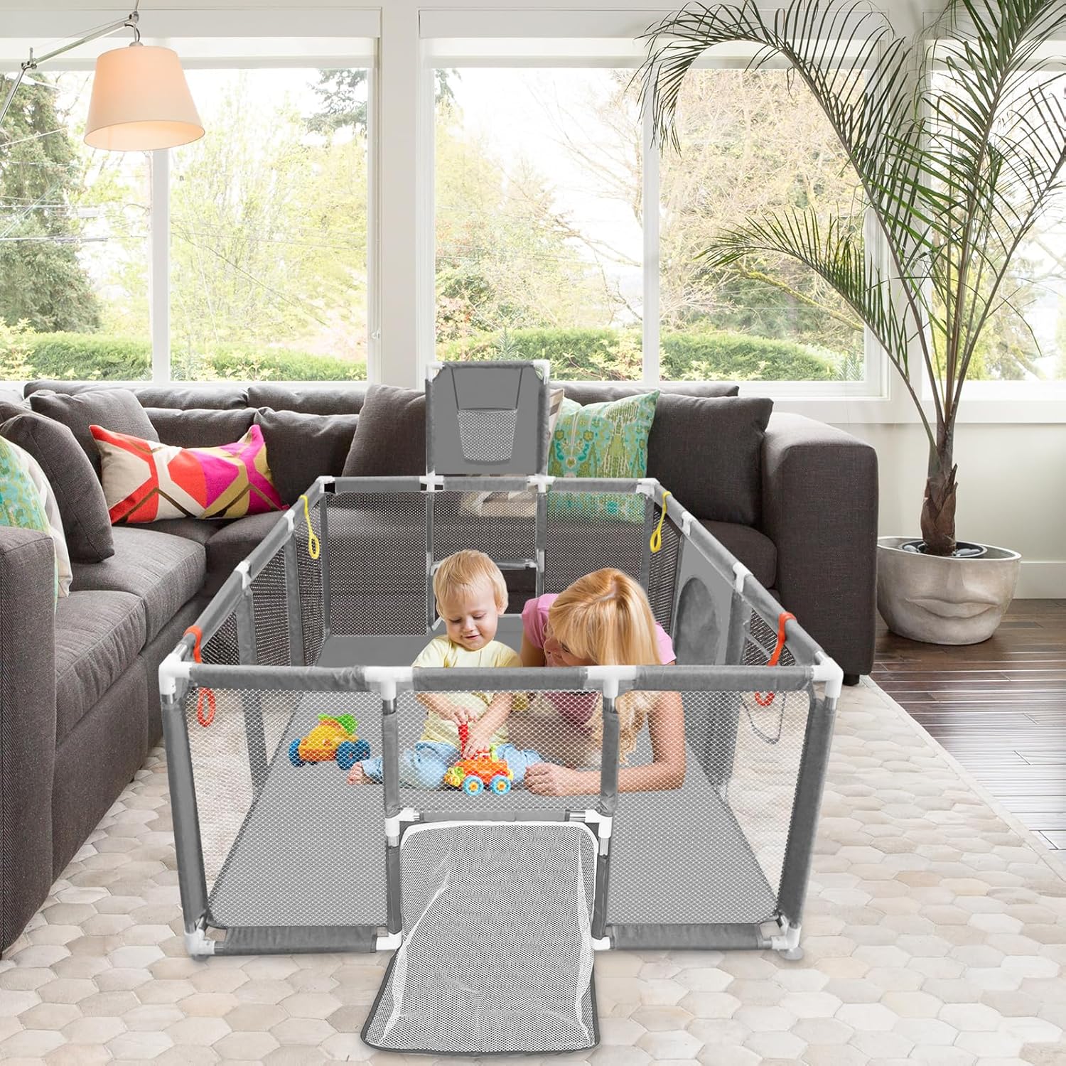 👉Price Reduction Notice👈 74×50 Large Playpen for Babies and Toddlers, Kids Playyard with Basketball Hoop & Football Nets, Comes with a Storage Carry Bag, Pull Up Rings, Sturdy Safety Play Pen w/Soft Breathable Mesh