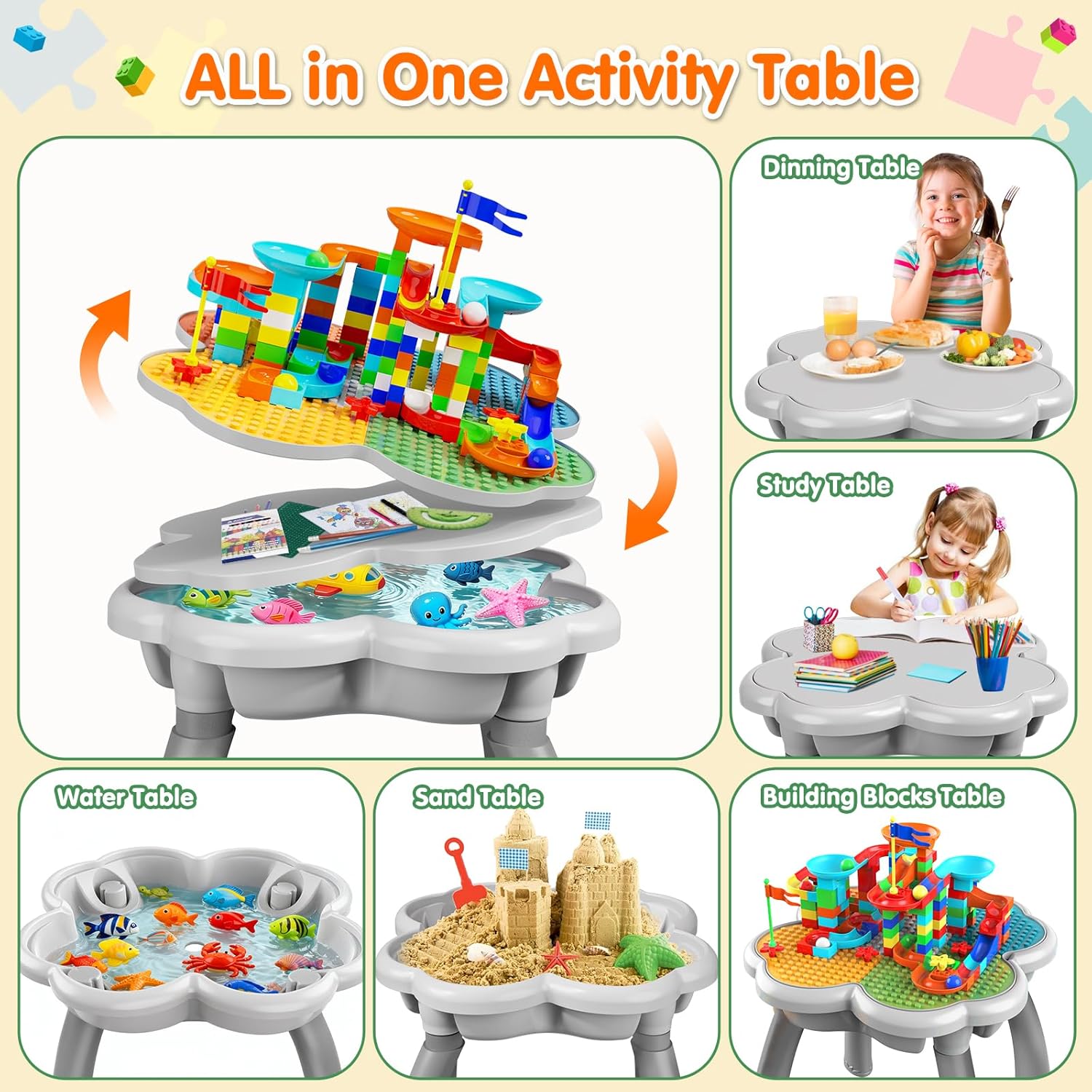 OCATO Kids Activity Table Toddlers Kids Table and Chair Set with 152Pcs Large Marble Run Building Blocks All in One Kid Play Water Tables Sand Tables, STEM Toys for Boys Girls 3 4 5 6 Year Old