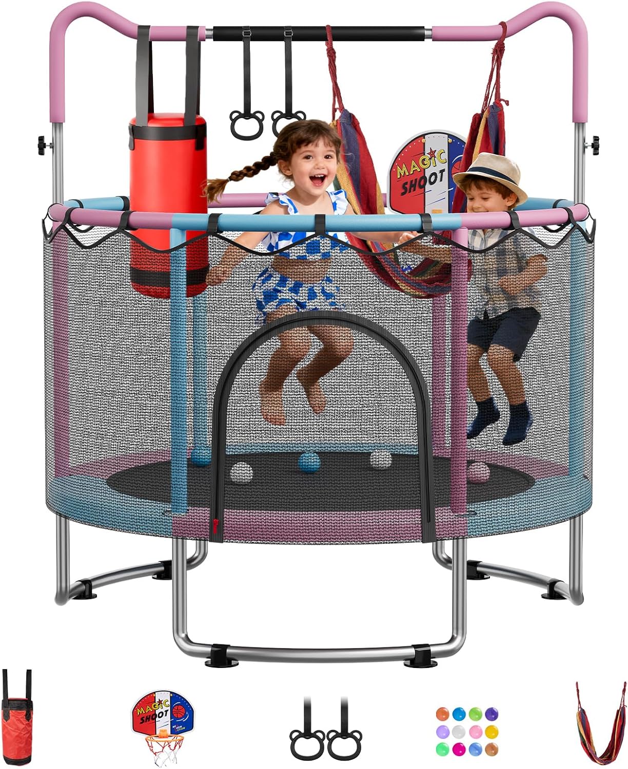 🔥【Year-end promotion】55/60 Trampoline for Kids, 4.5/5 FT Toddler Trampoline with Enclosur Net, Basketball Hoop & Sandbag, 440 LBS Capacity, Adjustable Height，Gifts for Ages 3-12 Boys & Girls