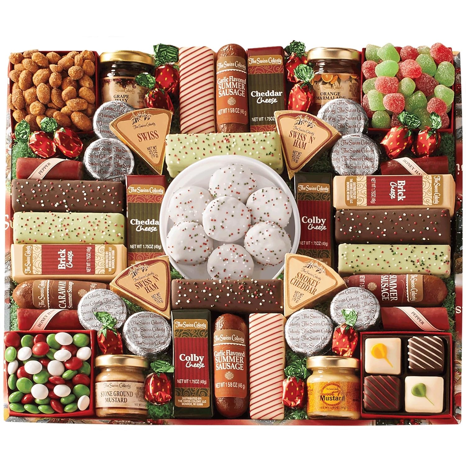 The Swiss Colony 43 Season Pleasers - Assorted Summer Sausage Meats, Cheese Bricks & Wedges, Spreadables, Candies & Chocolate Treats with Merry Christmas Petits Fours Gourmet Mini Layer Cakes