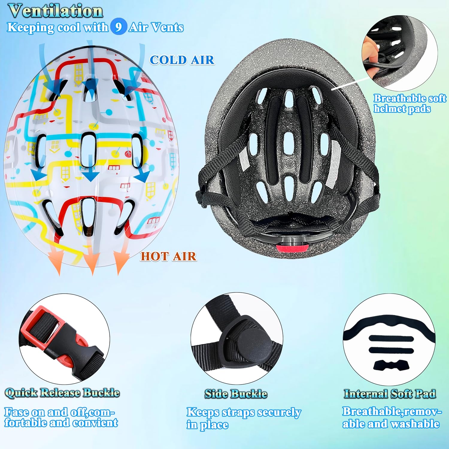 Lamsion Kids Helmet Adjustable for Kids Ages 3-8 Years Old Boys Girls, Toddler Helmet with Protective Sports Gear Set Knee Elbow Pads Wrist Guards for Cycling Skateboard Scooter