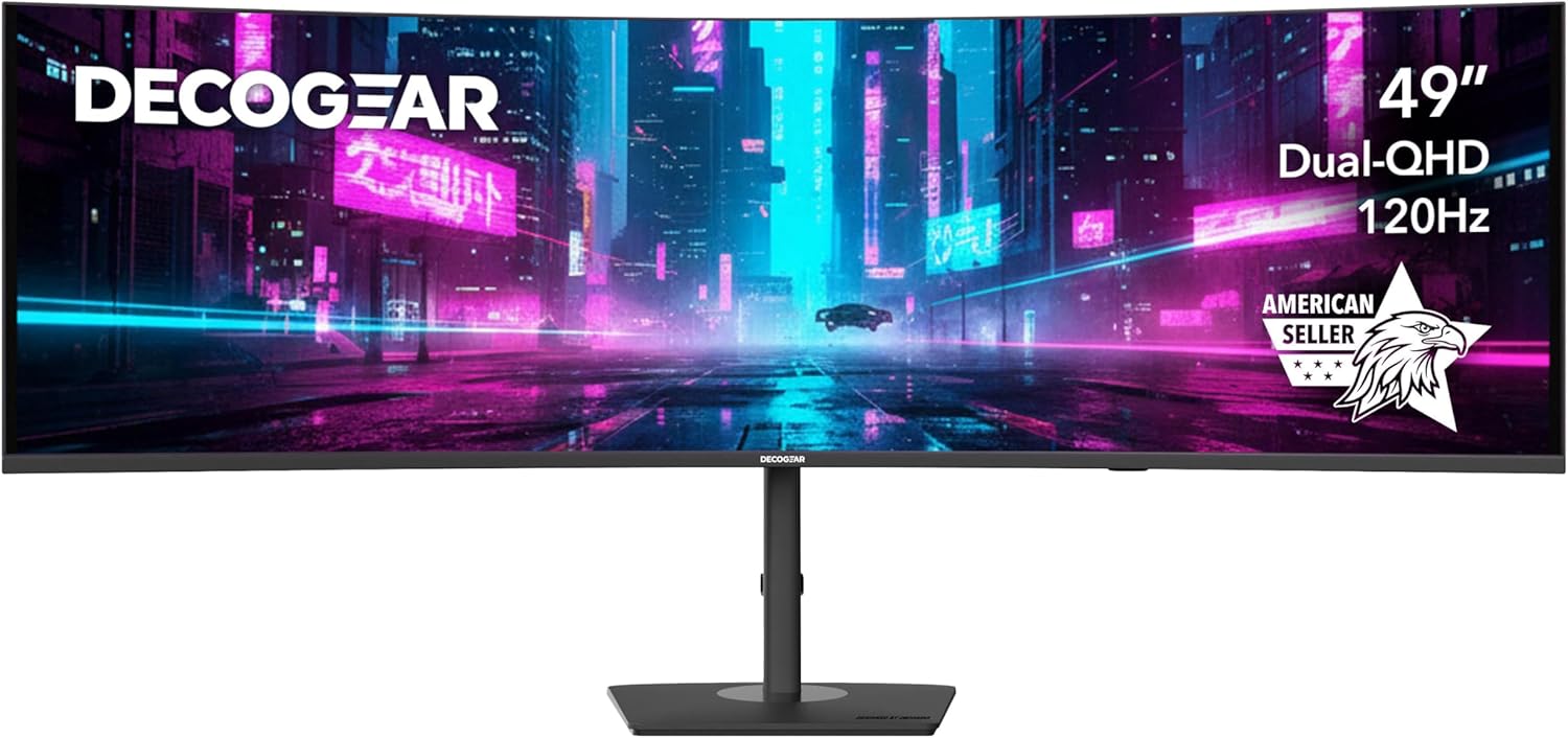 Deco Gear Curved 49” Super Ultrawide Gaming Monitor, 32:9 WDFHD 3840×1080, 144Hz, 4ms, 3000:1 VA, HDR400, Adaptive Sync, USB-C 65W, HDMI/DP, PBP/PIP, KVM, 1800R, American Seller