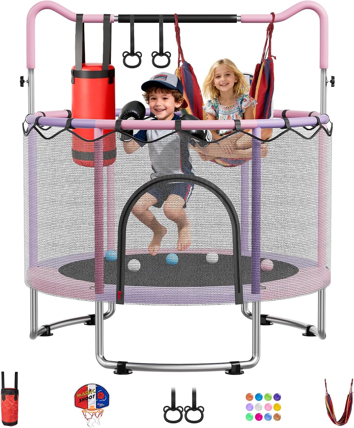 🔥【Year-end promotion】55/60 Trampoline for Kids, 4.5/5 FT Toddler Trampoline with Enclosur Net, Basketball Hoop & Sandbag, 440 LBS Capacity, Adjustable Height，Gifts for Ages 3-12 Boys & Girls