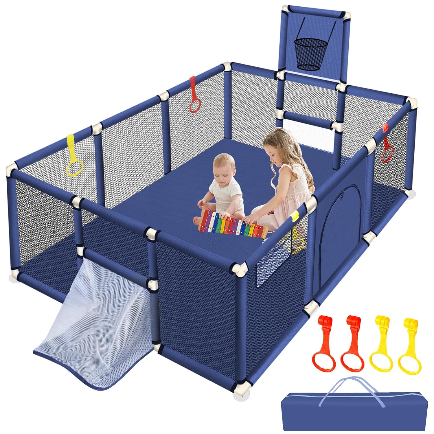 👉Price Reduction Notice👈 74×50 Large Playpen for Babies and Toddlers, Kids Playyard with Basketball Hoop & Football Nets, Comes with a Storage Carry Bag, Pull Up Rings, Sturdy Safety Play Pen w/Soft Breathable Mesh