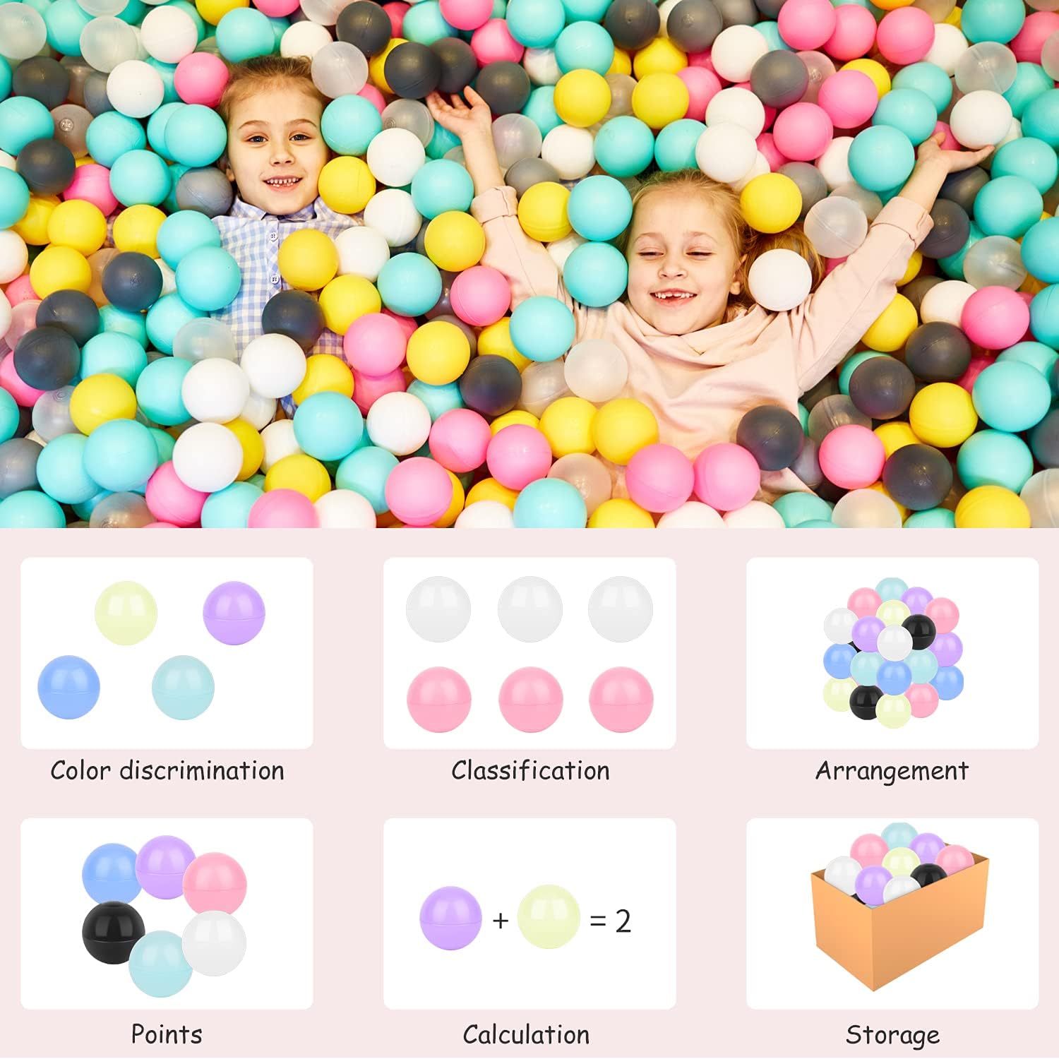 Hovenlay Ball Pit Balls Phthalate Free BPA Free Crush Proof Plastic - 7 Bright Colors in Reusable Play Toys for Kids with Storage Bag