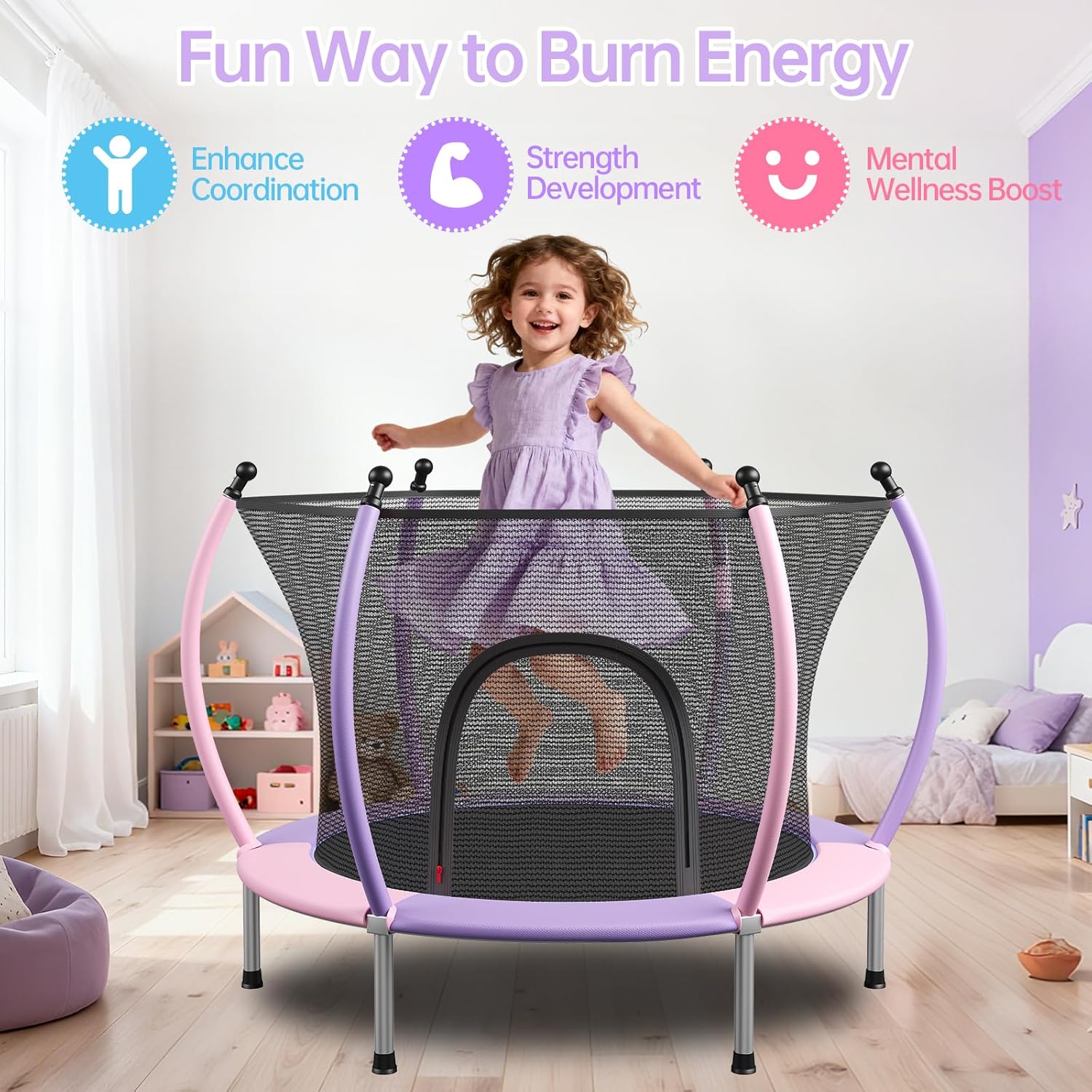 🔥【Year-end promotion】55/60 Trampoline for Kids, 4.5/5 FT Toddler Trampoline with Enclosur Net, Basketball Hoop & Sandbag, 440 LBS Capacity, Adjustable Height，Gifts for Ages 3-12 Boys & Girls