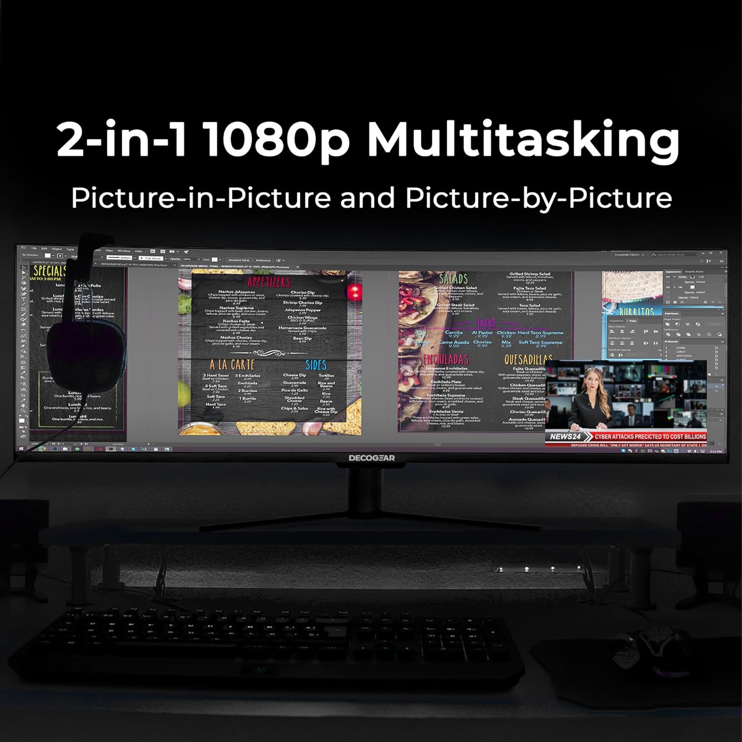 Deco Gear Curved 49” Super Ultrawide Gaming Monitor, 32:9 WDFHD 3840×1080, 144Hz, 4ms, 3000:1 VA, HDR400, Adaptive Sync, USB-C 65W, HDMI/DP, PBP/PIP, KVM, 1800R, American Seller