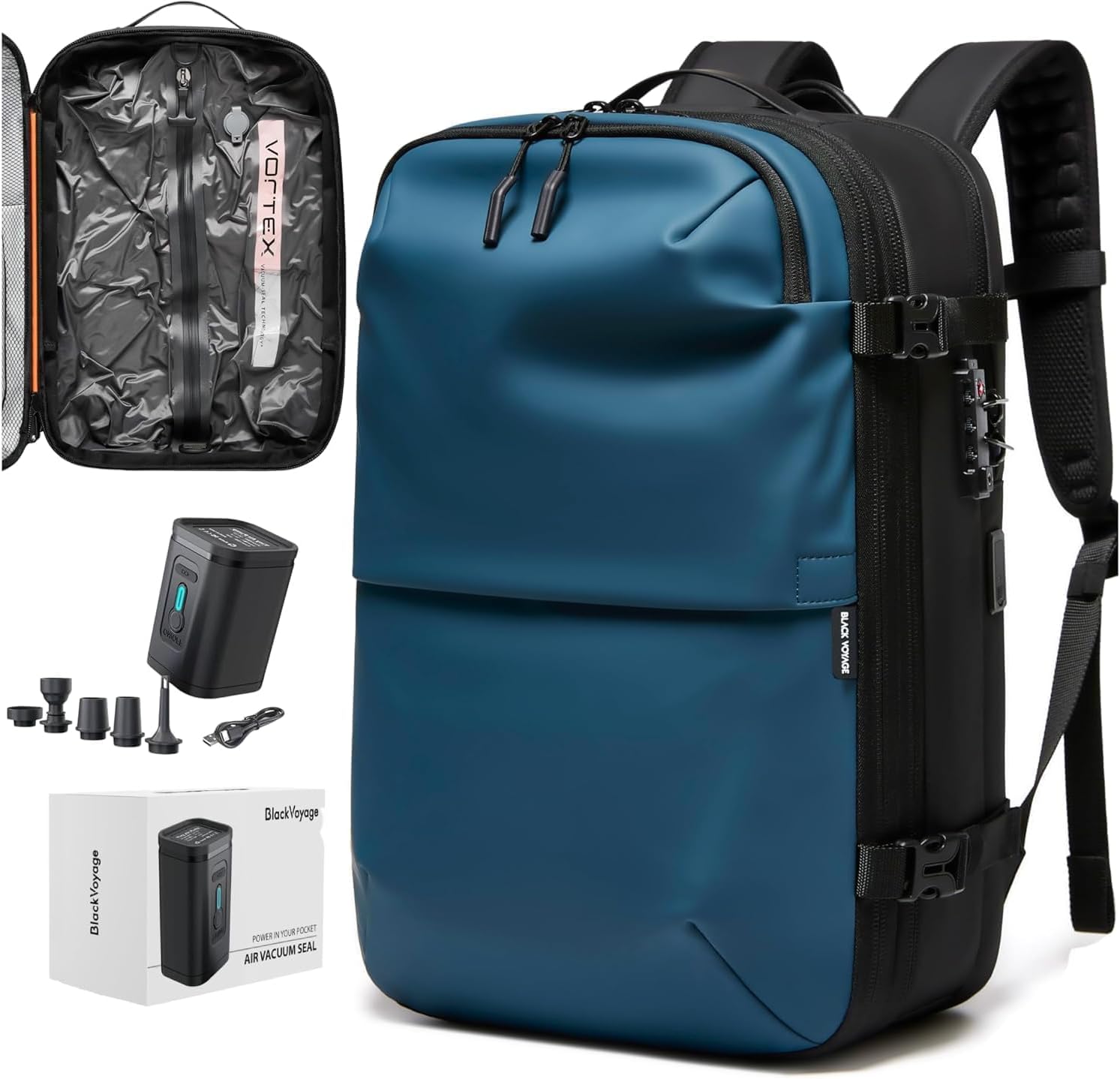 🌲🔥【Buy 1 Get 1 Free】Vortex Vacuum Seal Travel Backpack 60L Expandable Air Compression System Water Resistant TSA Lock Carry-On Suitcase Luggage Blue AERO - Vacuum Pump Included