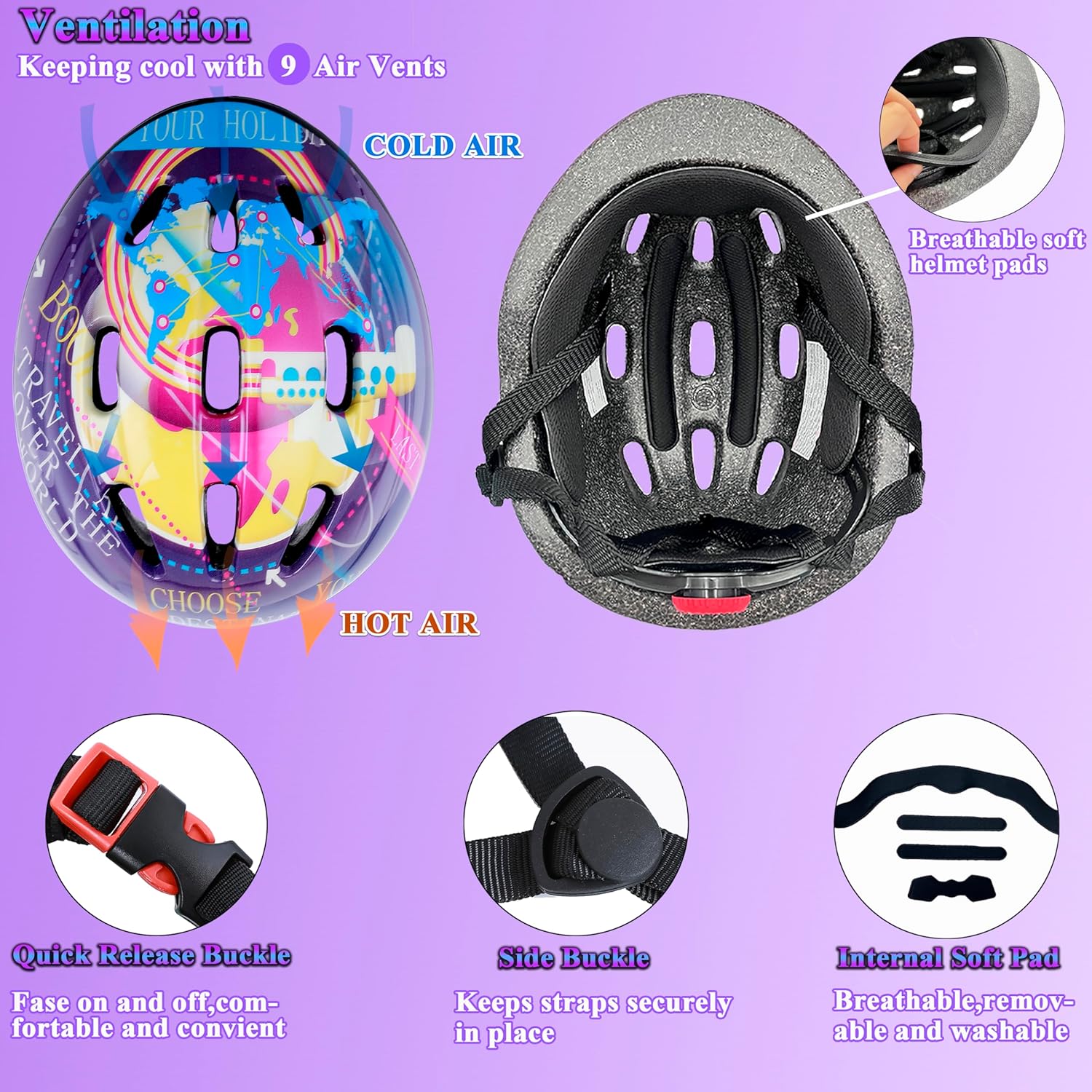 Lamsion Kids Helmet Adjustable for Kids Ages 3-8 Years Old Boys Girls, Toddler Helmet with Protective Sports Gear Set Knee Elbow Pads Wrist Guards for Cycling Skateboard Scooter