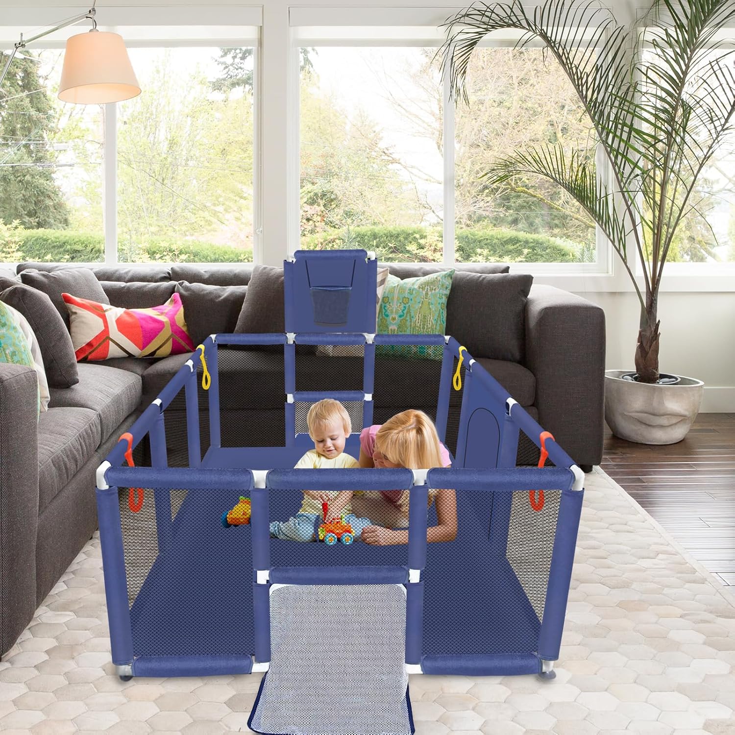 👉Price Reduction Notice👈 74×50 Large Playpen for Babies and Toddlers, Kids Playyard with Basketball Hoop & Football Nets, Comes with a Storage Carry Bag, Pull Up Rings, Sturdy Safety Play Pen w/Soft Breathable Mesh