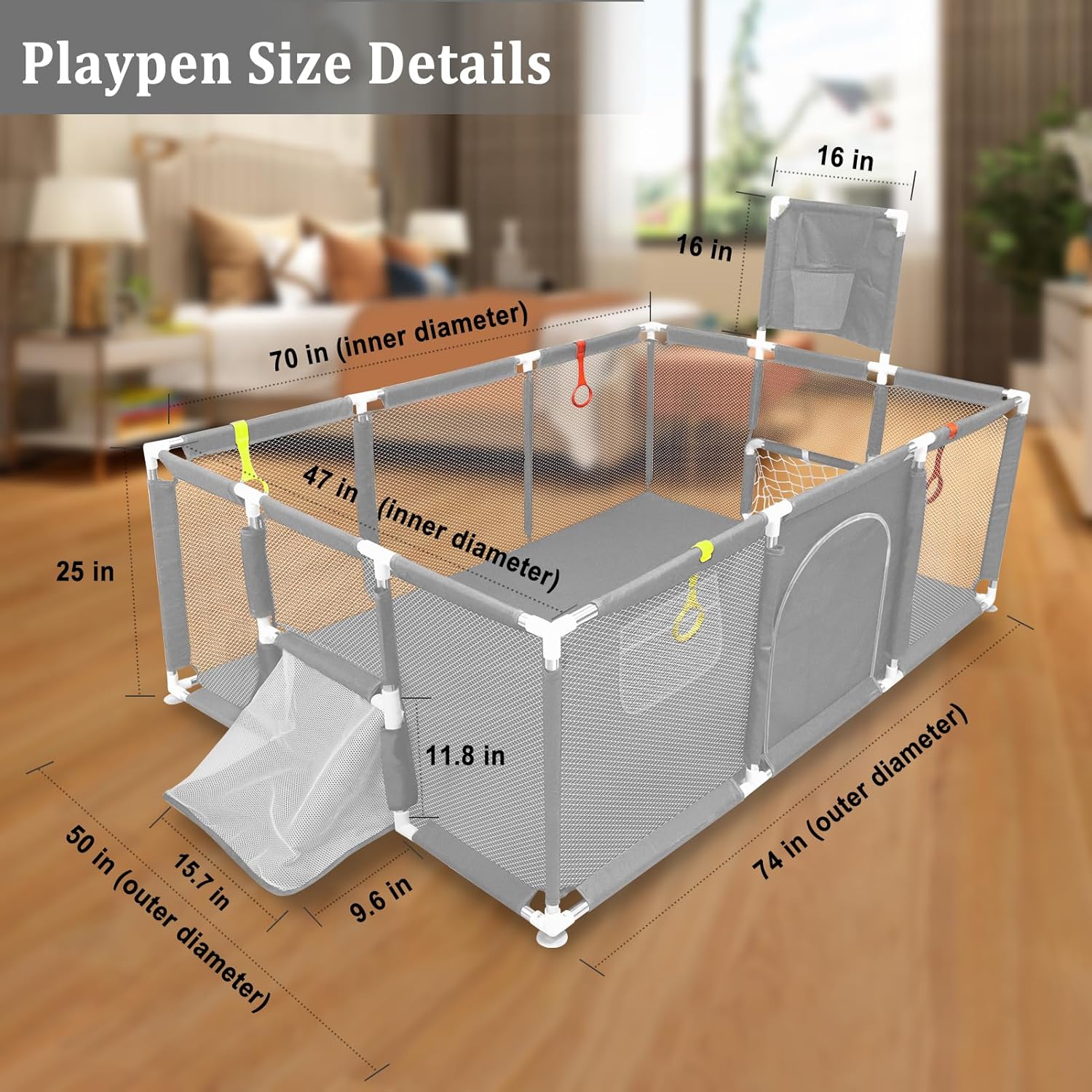 👉Price Reduction Notice👈 74×50 Large Playpen for Babies and Toddlers, Kids Playyard with Basketball Hoop & Football Nets, Comes with a Storage Carry Bag, Pull Up Rings, Sturdy Safety Play Pen w/Soft Breathable Mesh