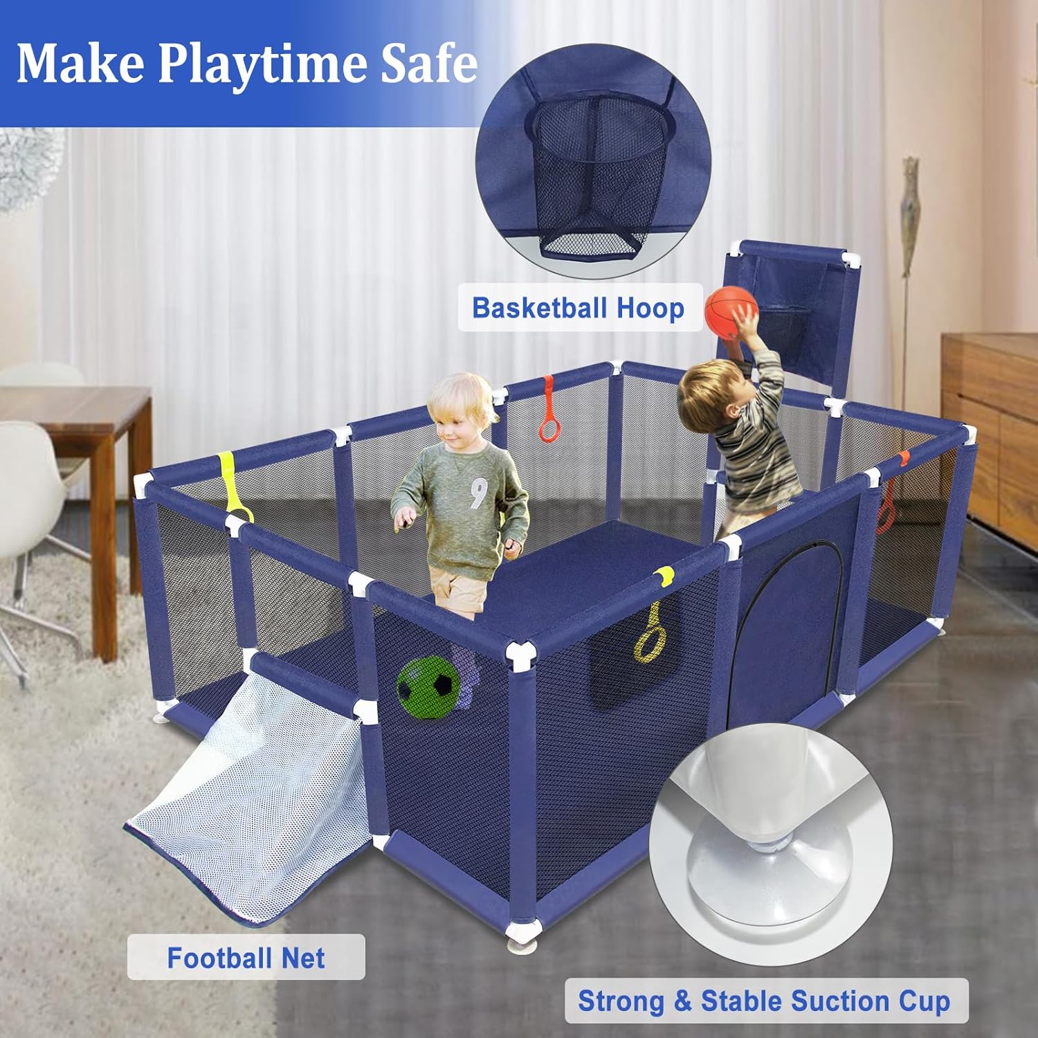👉Price Reduction Notice👈 74×50 Large Playpen for Babies and Toddlers, Kids Playyard with Basketball Hoop & Football Nets, Comes with a Storage Carry Bag, Pull Up Rings, Sturdy Safety Play Pen w/Soft Breathable Mesh