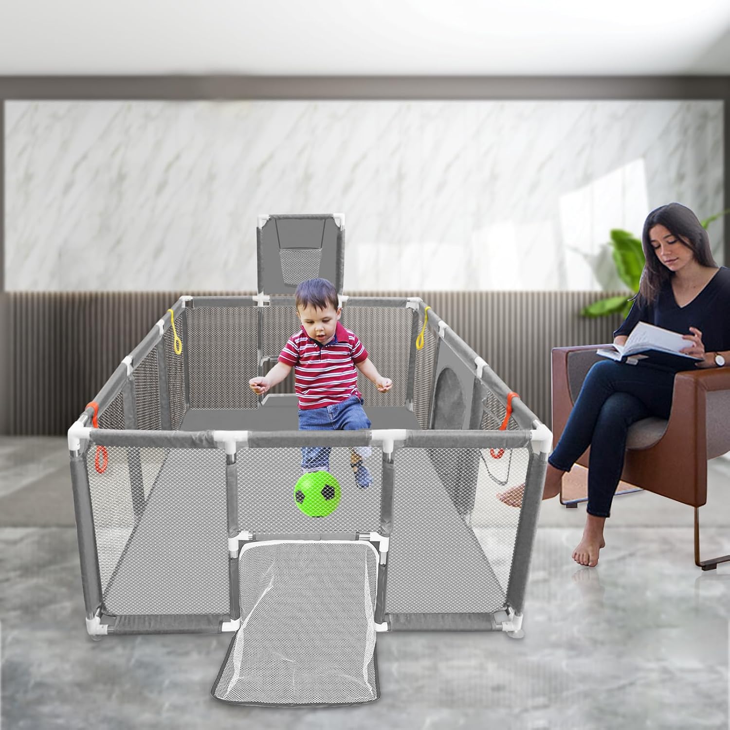 👉Price Reduction Notice👈 74×50 Large Playpen for Babies and Toddlers, Kids Playyard with Basketball Hoop & Football Nets, Comes with a Storage Carry Bag, Pull Up Rings, Sturdy Safety Play Pen w/Soft Breathable Mesh