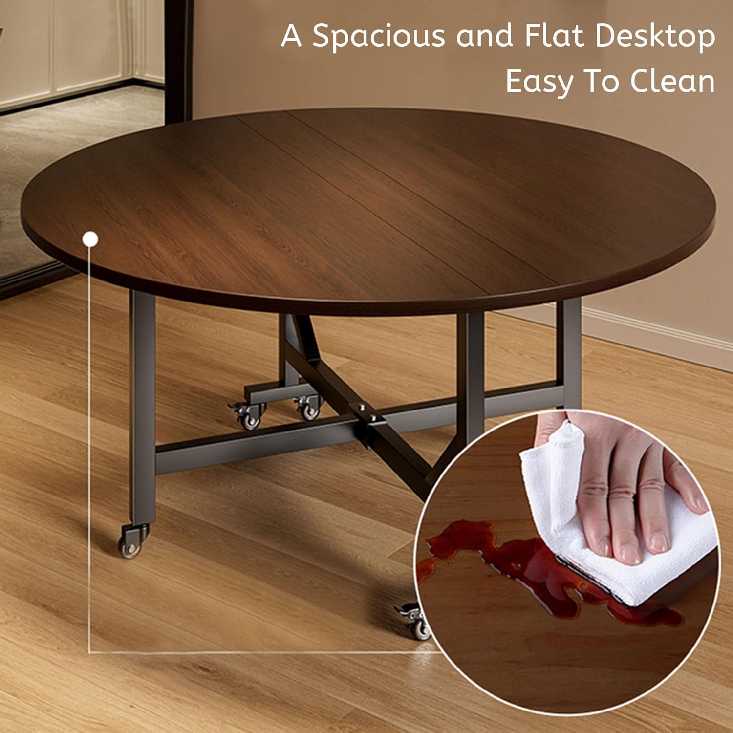 😍【Buy 1 Get 1 Free】Wooden Folding Dining Table With 4 Wheels Round Foldable Kitchen Table Space Saving Dining Table Vintage Expandable Dining Table For 6 Dining Room Tables Banquet Tables For Gatherings Meeting