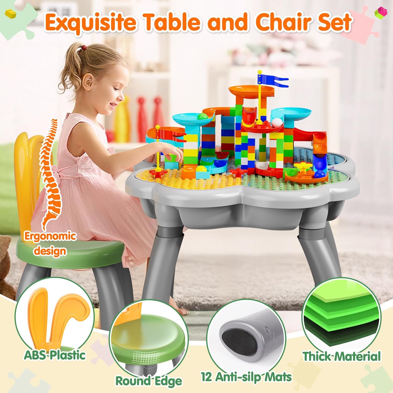 OCATO Kids Activity Table Toddlers Kids Table and Chair Set with 152Pcs Large Marble Run Building Blocks All in One Kid Play Water Tables Sand Tables, STEM Toys for Boys Girls 3 4 5 6 Year Old