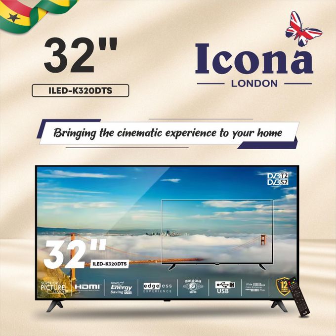 Icona London ILED-320DTS 32” Edgeless Digital Satellite LED TV With A+ Panel - HDMI/USB - DVB-T2/S2 - Black (1YR WRTY)