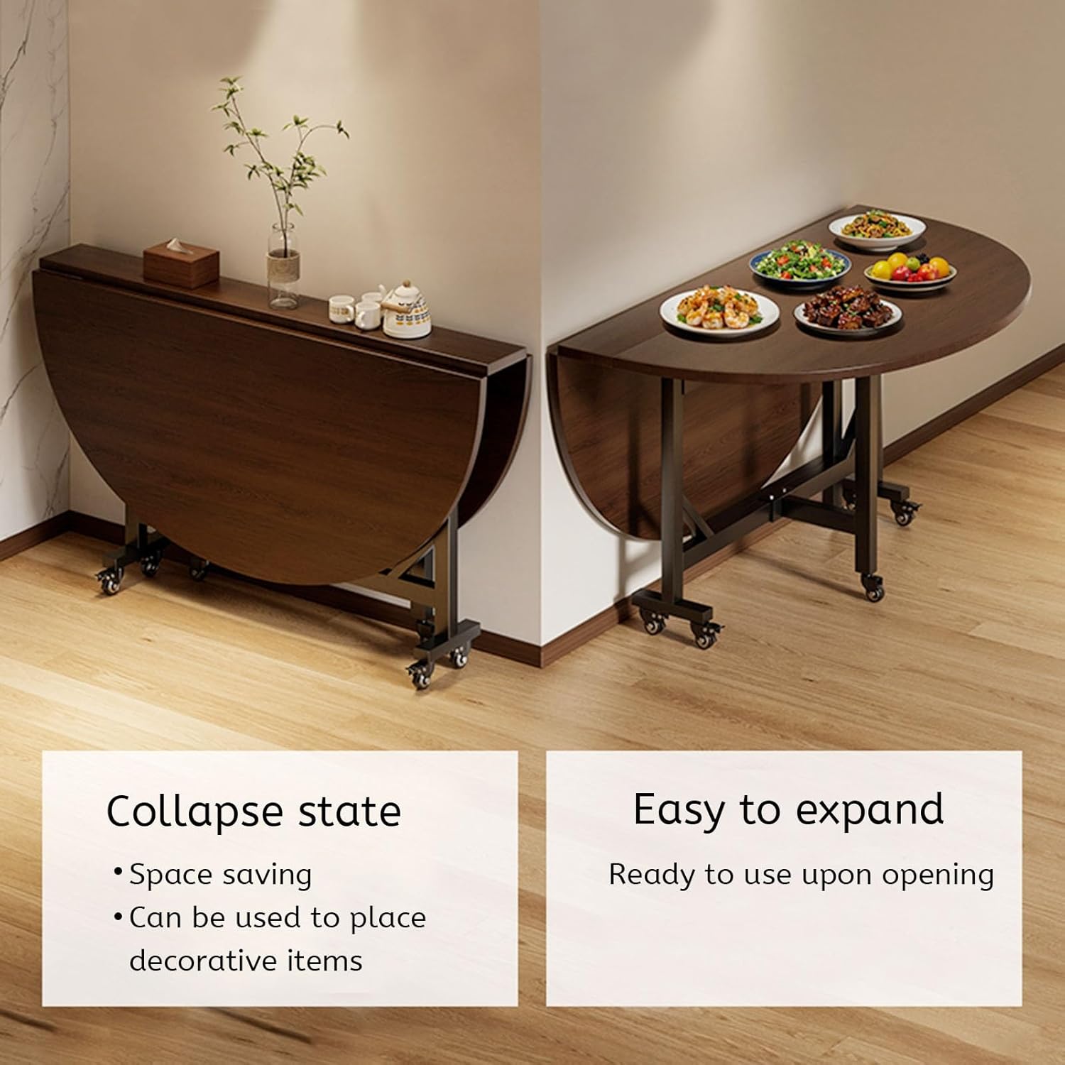 😍【Buy 1 Get 1 Free】Wooden Folding Dining Table With 4 Wheels Round Foldable Kitchen Table Space Saving Dining Table Vintage Expandable Dining Table For 6 Dining Room Tables Banquet Tables For Gatherings Meeting