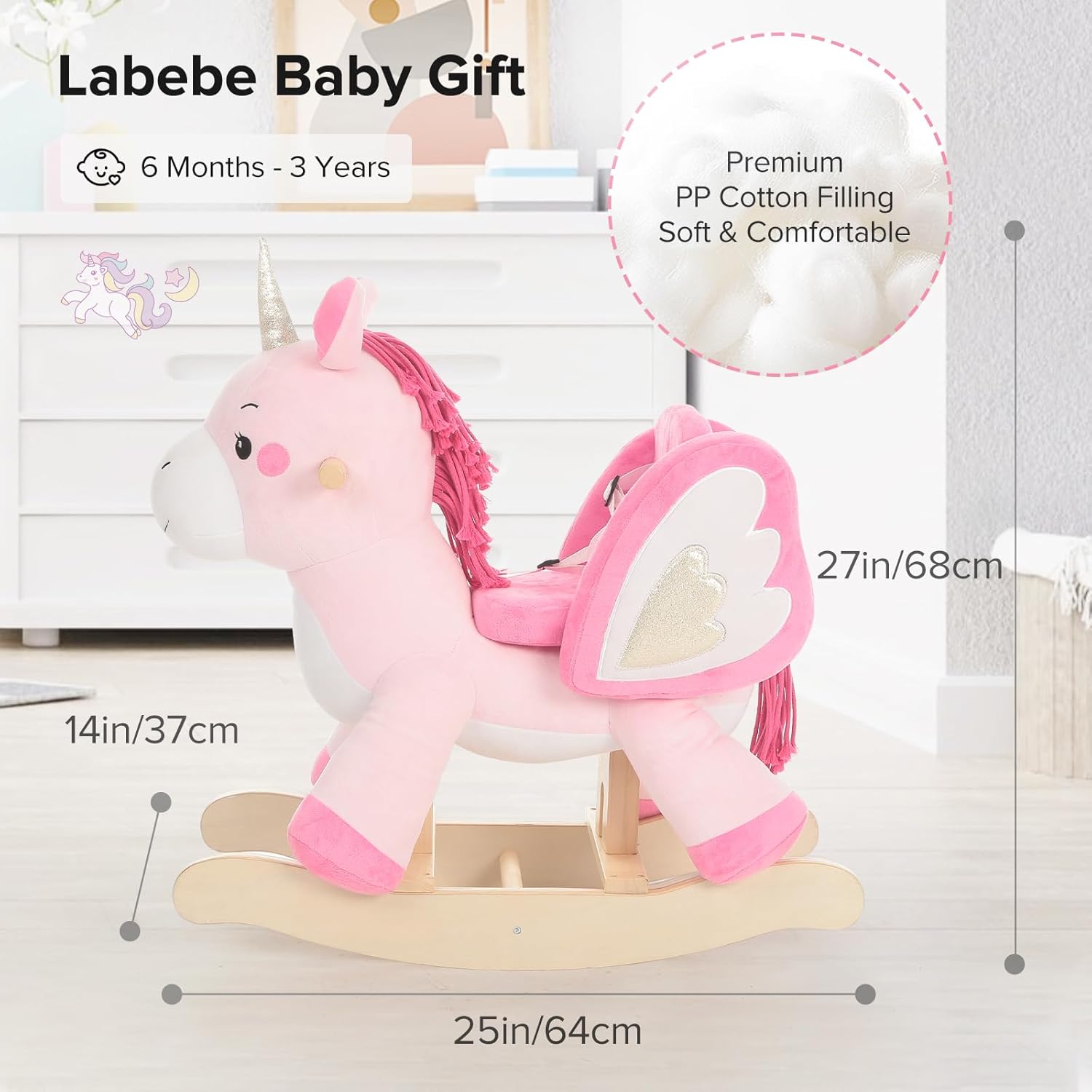 labebe - Baby Rocking Horse, Ride Unicorn, Kid Ride On Toy for 6 Month-3 Year Old, Infant (Boy Girl) Plush Animal Rocker, Toddler/Child Stuffed Ride Toy (Pink)
