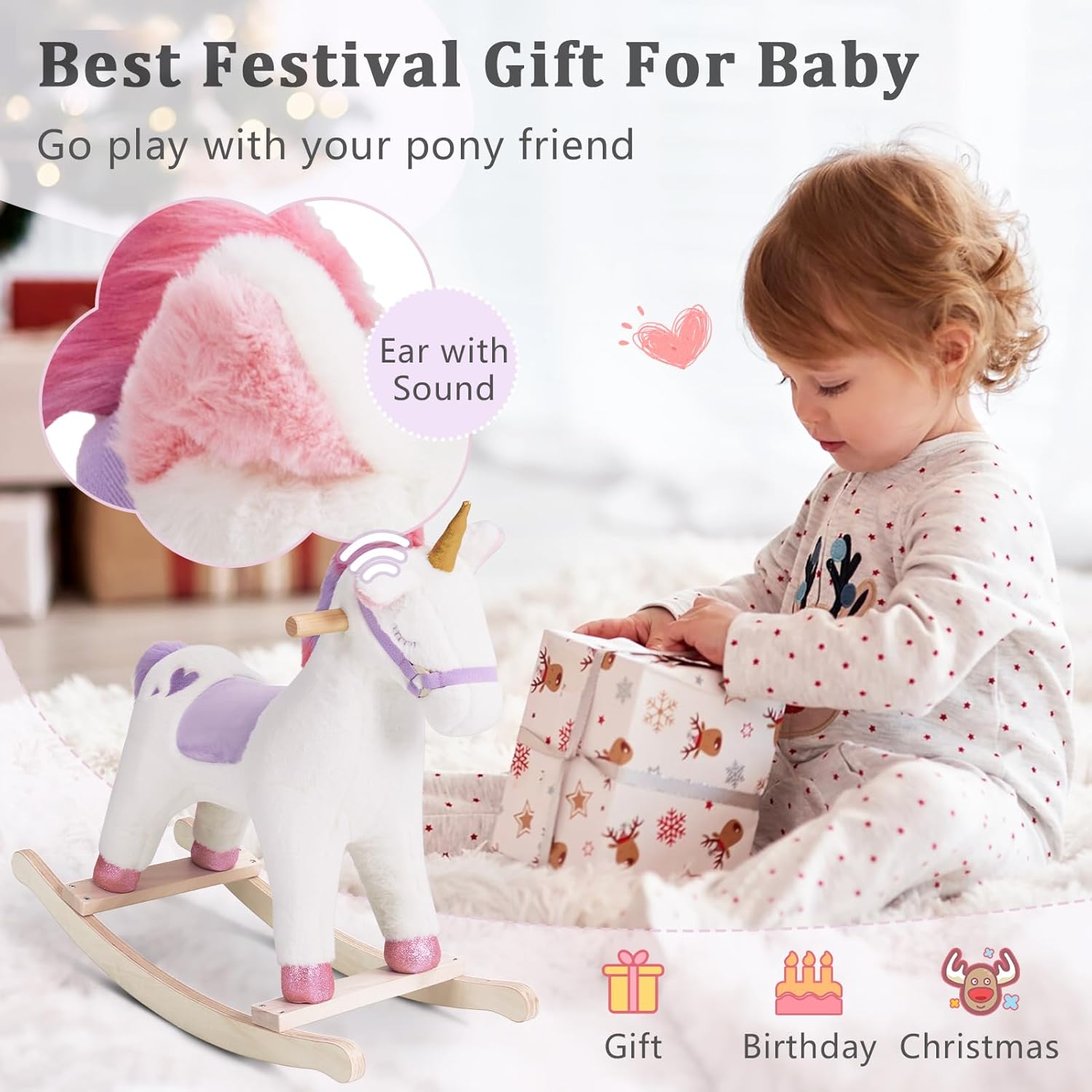 labebe - Baby Rocking Horse, Ride Unicorn, Kid Ride On Toy for 6 Month-3 Year Old, Infant (Boy Girl) Plush Animal Rocker, Toddler/Child Stuffed Ride Toy (Pink)