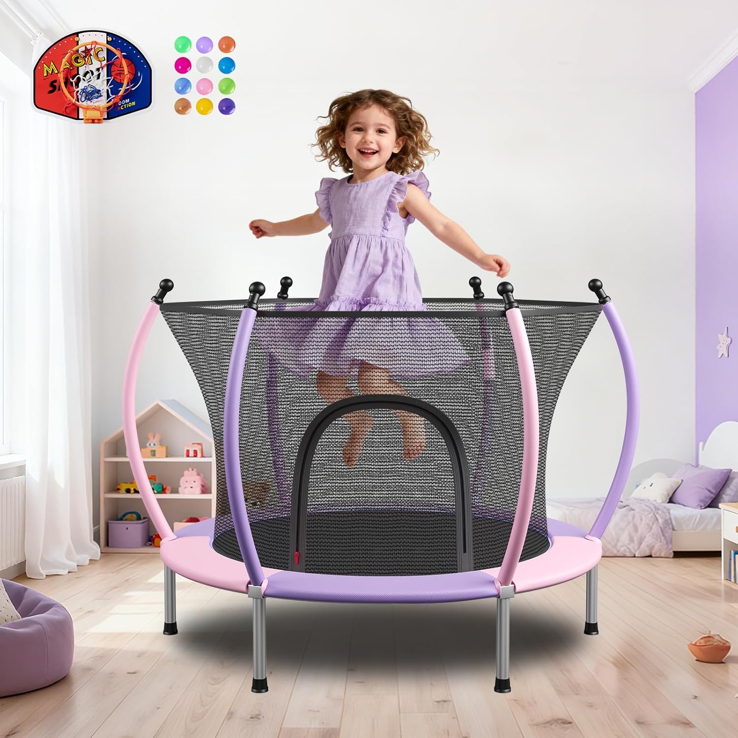 🔥【Year-end promotion】55/60 Trampoline for Kids, 4.5/5 FT Toddler Trampoline with Enclosur Net, Basketball Hoop & Sandbag, 440 LBS Capacity, Adjustable Height，Gifts for Ages 3-12 Boys & Girls