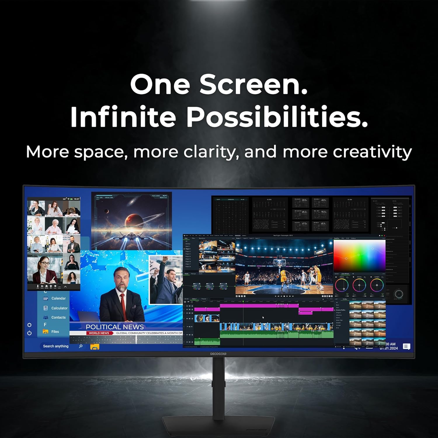 Deco Gear Curved 49” Super Ultrawide Gaming Monitor, 32:9 WDFHD 3840×1080, 144Hz, 4ms, 3000:1 VA, HDR400, Adaptive Sync, USB-C 65W, HDMI/DP, PBP/PIP, KVM, 1800R, American Seller