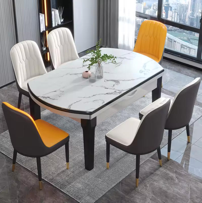 Modern Retractable Rock Plate Dining Table with Wooden Chair Combination for Home Apartment or Restaurant Furniture