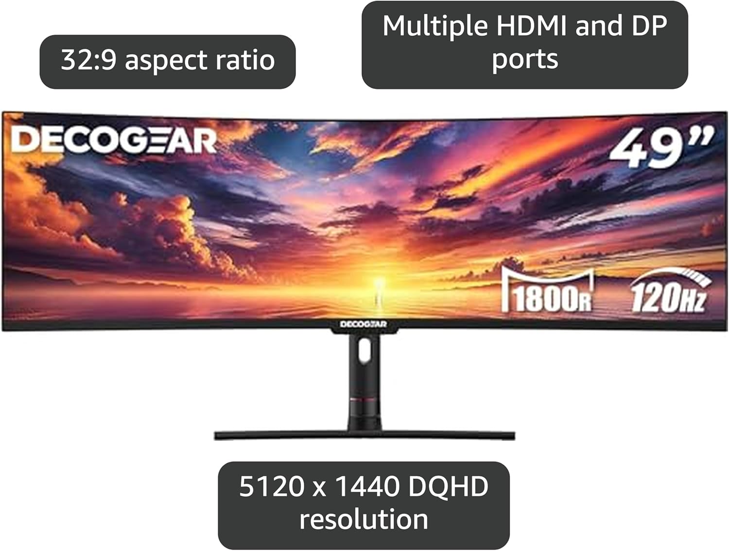 Deco Gear Curved 49” Super Ultrawide Gaming Monitor, 32:9 WDFHD 3840×1080, 144Hz, 4ms, 3000:1 VA, HDR400, Adaptive Sync, USB-C 65W, HDMI/DP, PBP/PIP, KVM, 1800R, American Seller