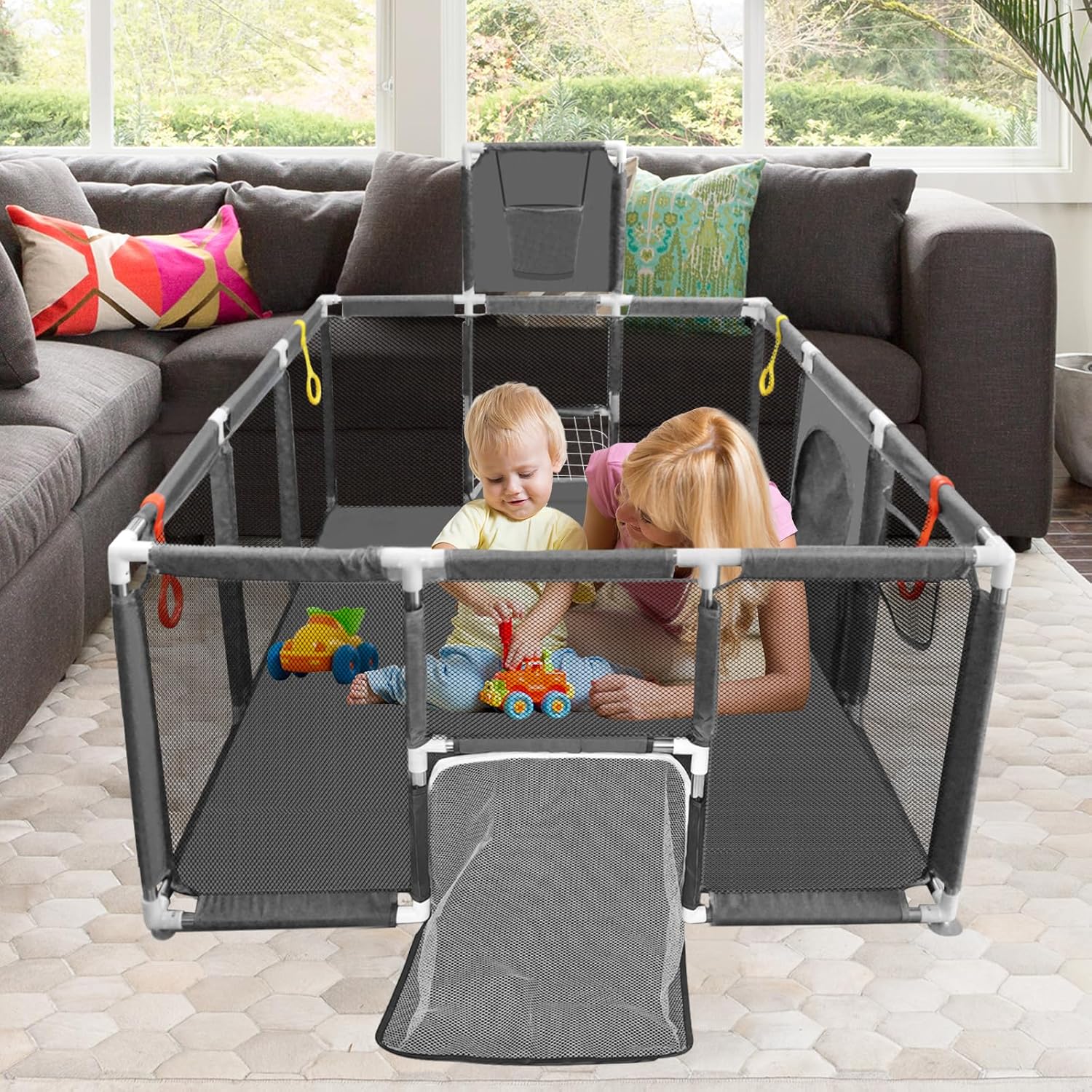 👉Price Reduction Notice👈 74×50 Large Playpen for Babies and Toddlers, Kids Playyard with Basketball Hoop & Football Nets, Comes with a Storage Carry Bag, Pull Up Rings, Sturdy Safety Play Pen w/Soft Breathable Mesh