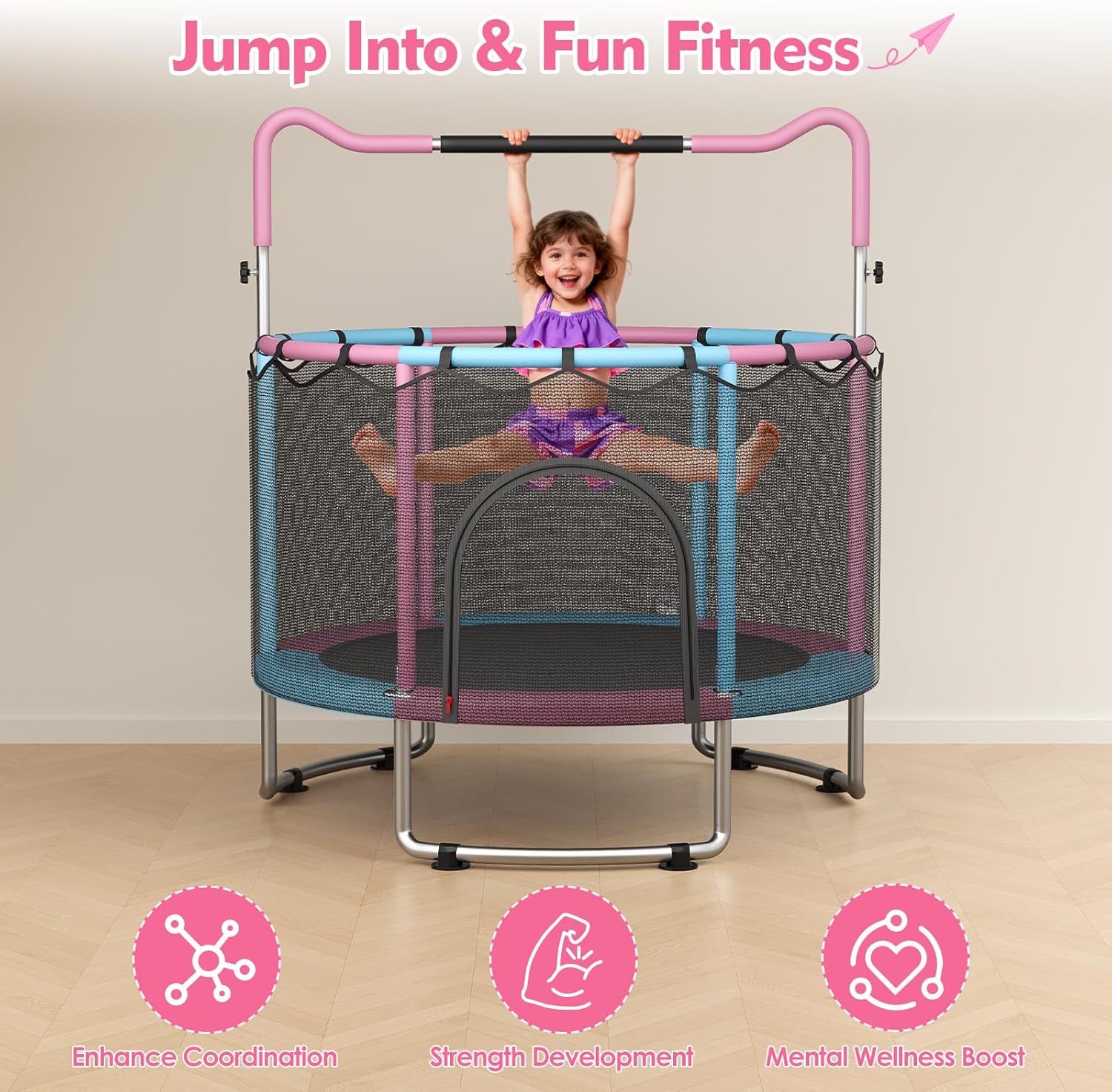 🔥【Year-end promotion】55/60 Trampoline for Kids, 4.5/5 FT Toddler Trampoline with Enclosur Net, Basketball Hoop & Sandbag, 440 LBS Capacity, Adjustable Height，Gifts for Ages 3-12 Boys & Girls
