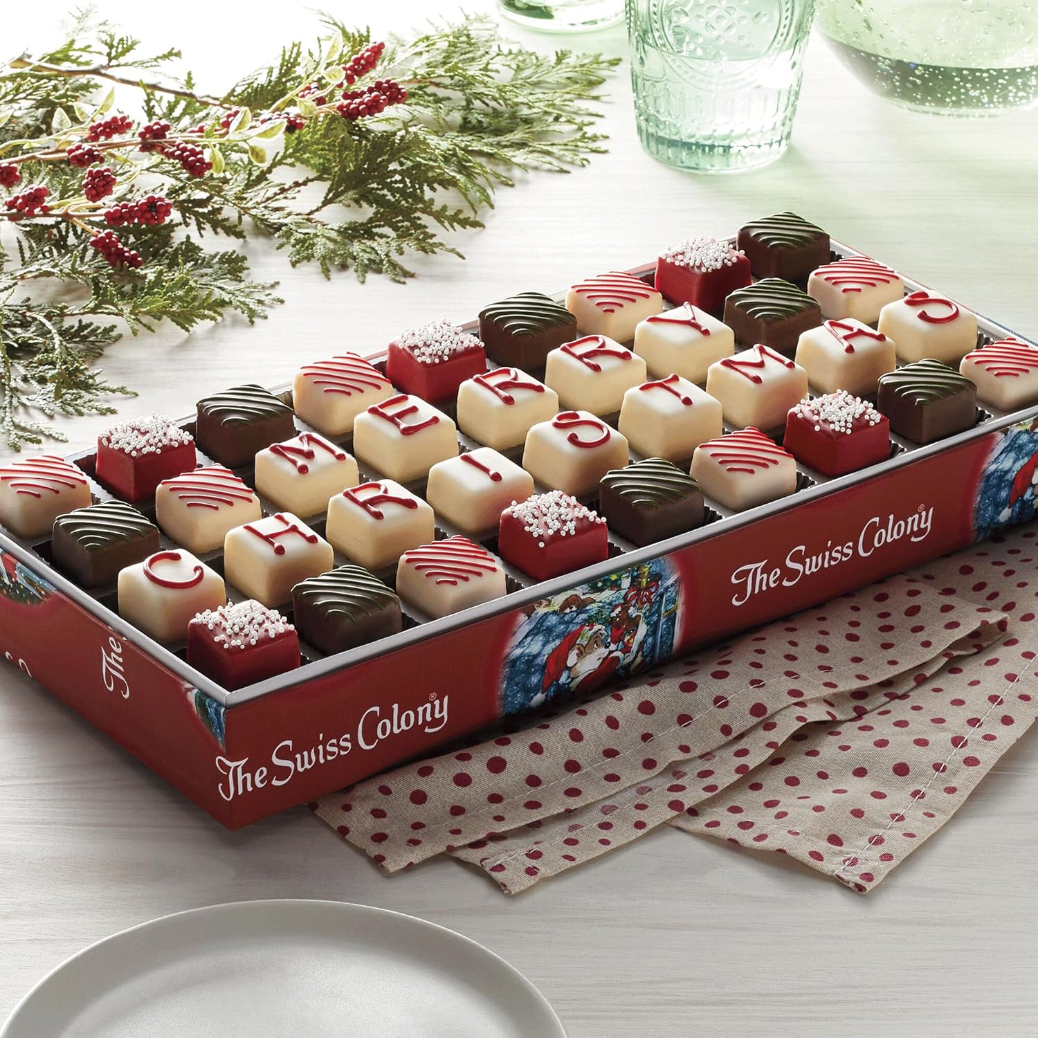 The Swiss Colony 43 Season Pleasers - Assorted Summer Sausage Meats, Cheese Bricks & Wedges, Spreadables, Candies & Chocolate Treats with Merry Christmas Petits Fours Gourmet Mini Layer Cakes